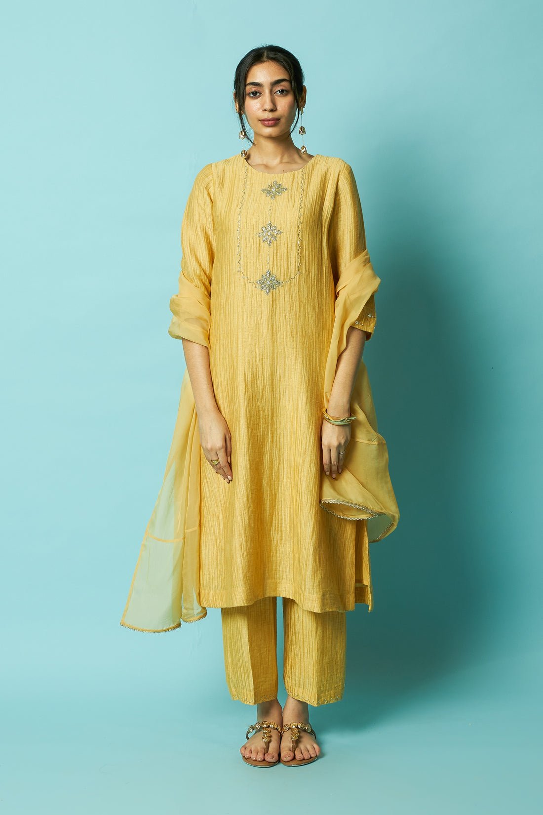 Mango Hand-Embroidered Silk Linen Kurta Set with Khat Pita Yoke | Oregano