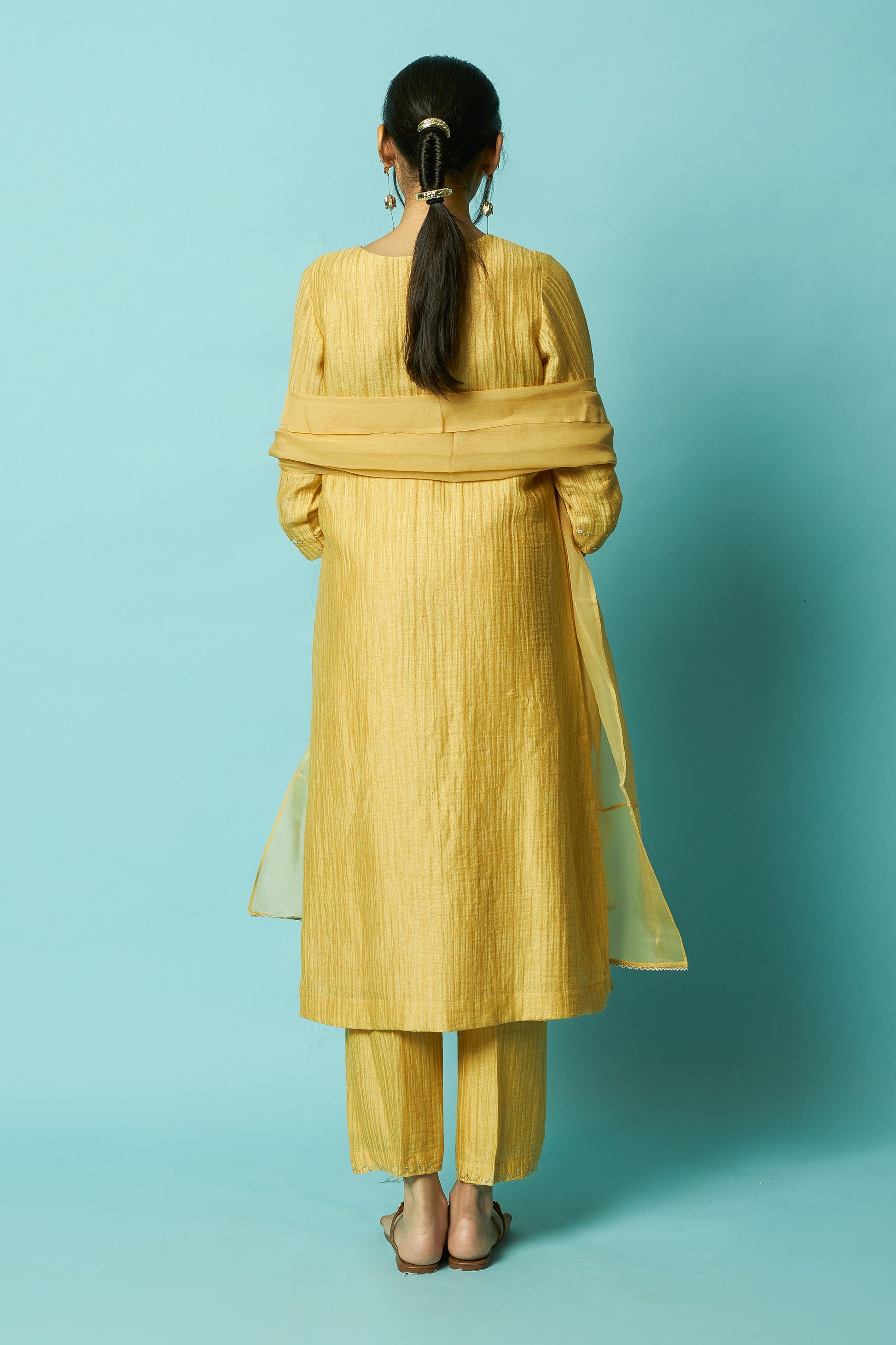 Hand-Embroidered Silk Linen Kurta Set with Khat Pita Yoke | Oregano