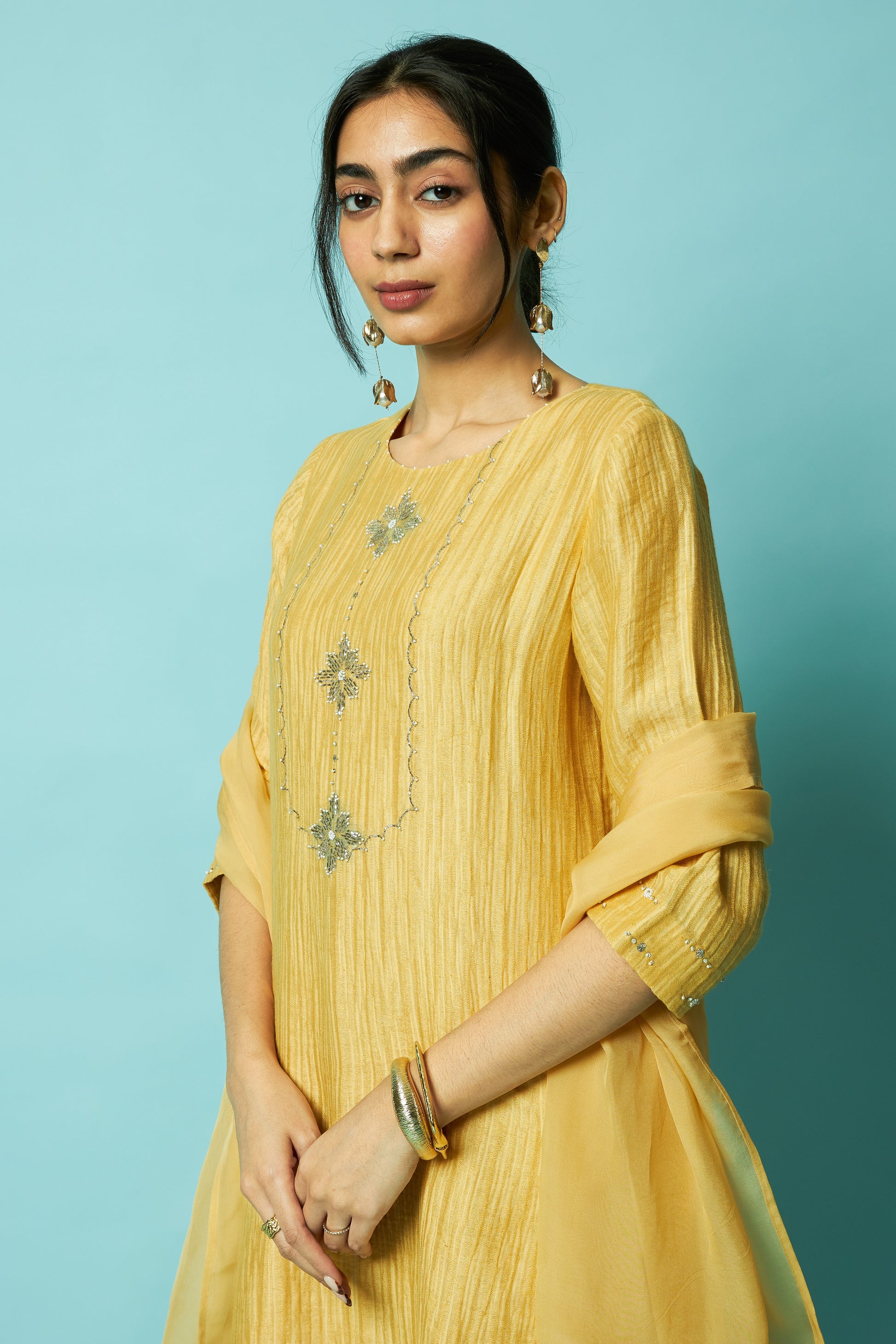 Hand-Embroidered Silk Linen Kurta Set with Khat Pita Yoke | Oregano