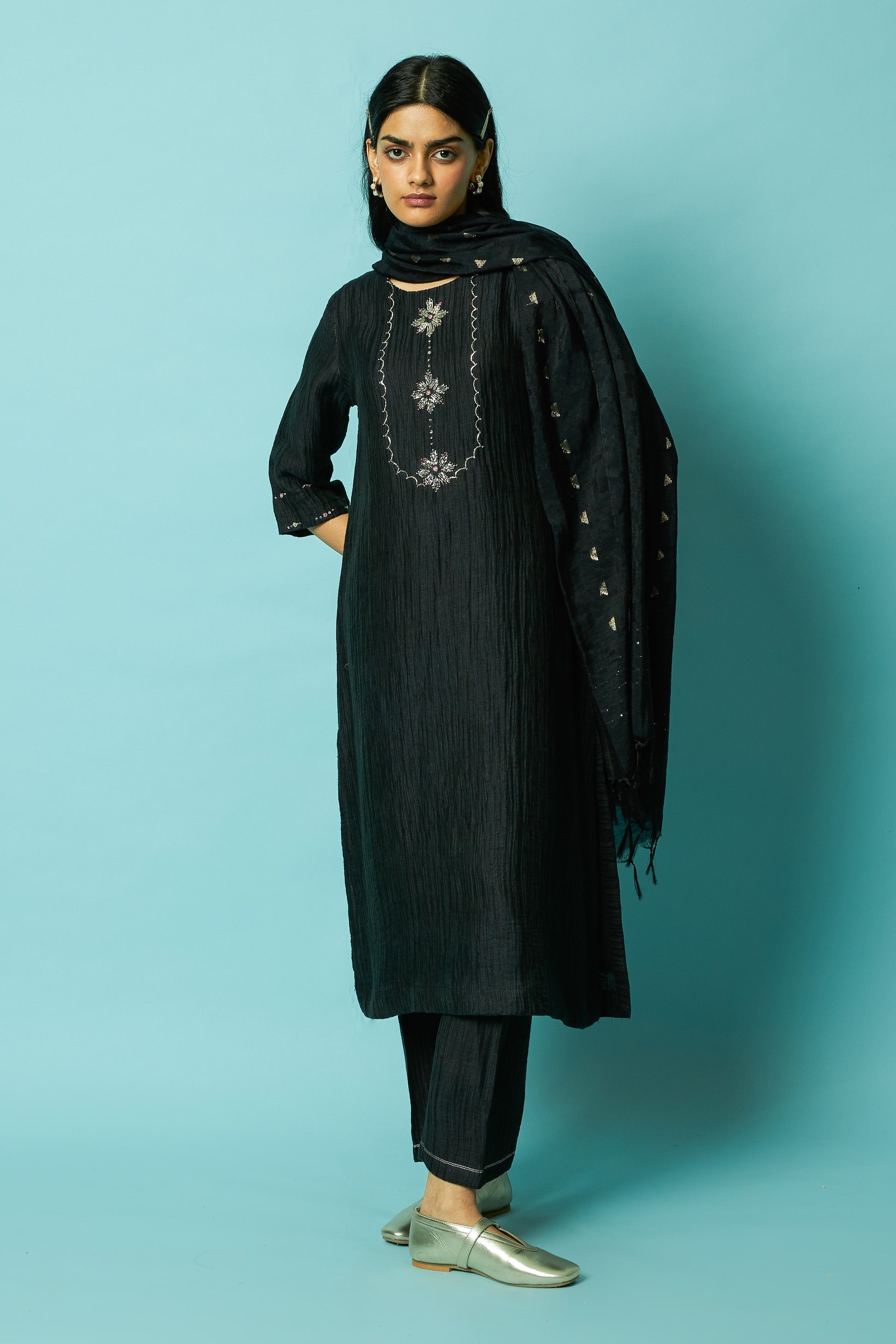Black Hand-Embroidered Silk Linen Kurta Set with Khat Pita Yoke | Oregano