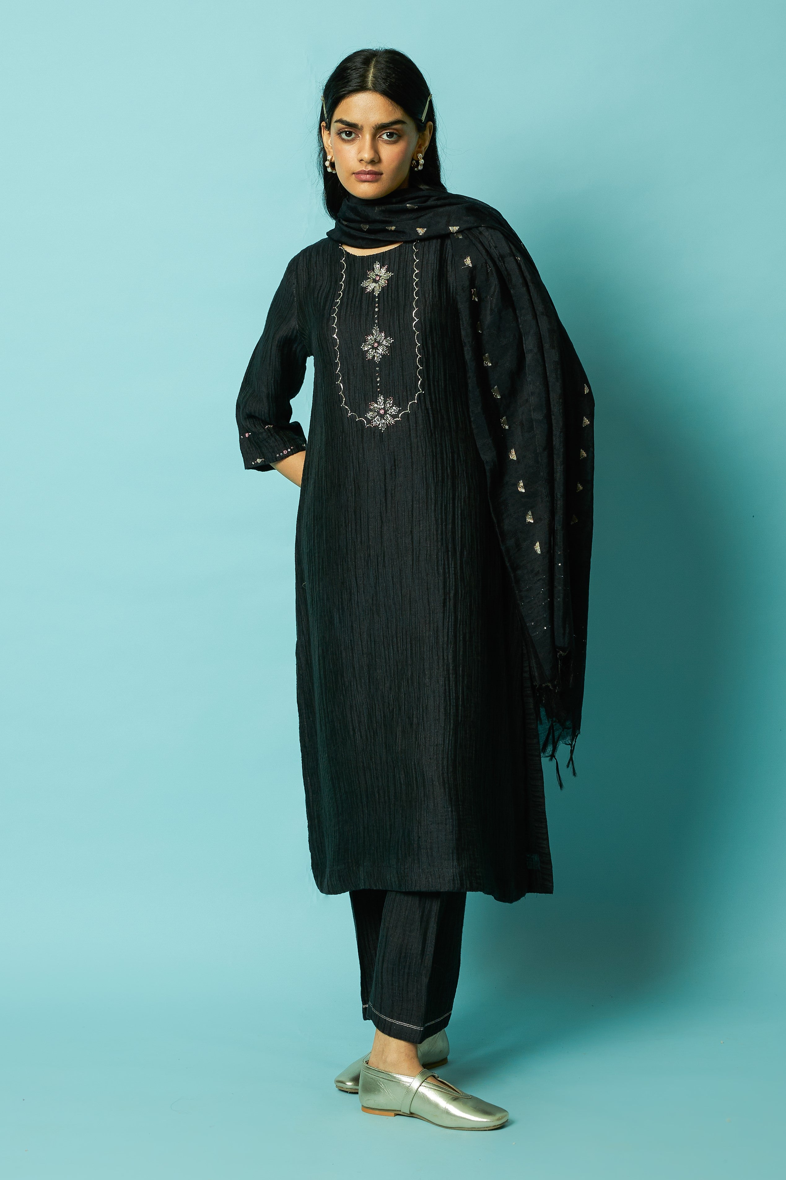 Black Hand-Embroidered Silk Linen Kurta Set with Khat Pita Yoke | Oregano
