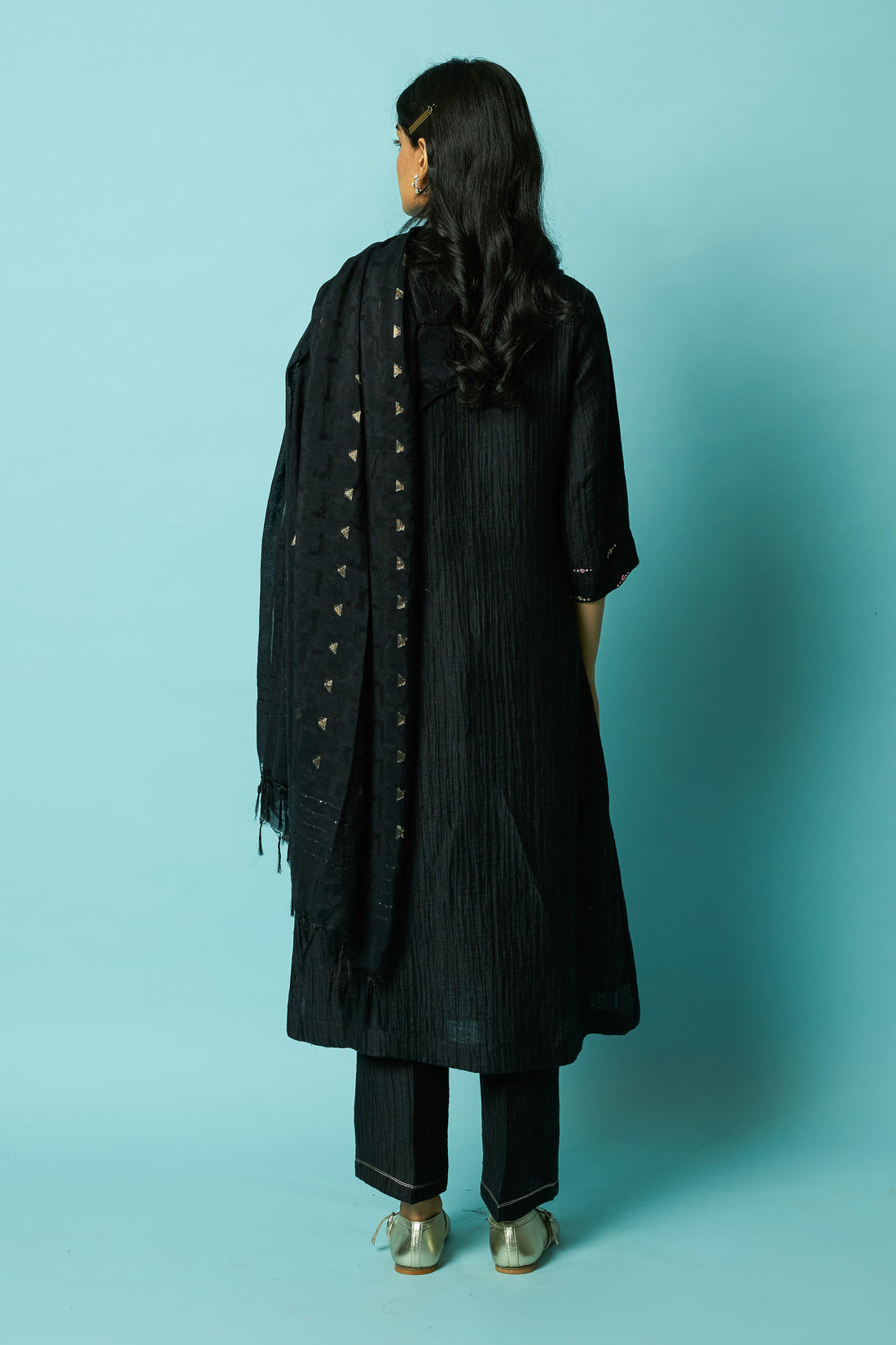 Black Hand-Embroidered Silk Linen Kurta Set with Khat Pita Yoke | Oregano