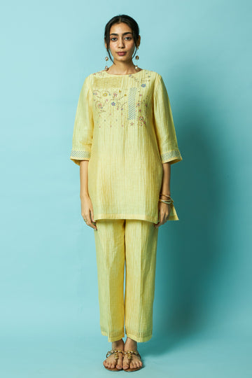 Yellow Block printed Silk linen Tunic Set | Oregano