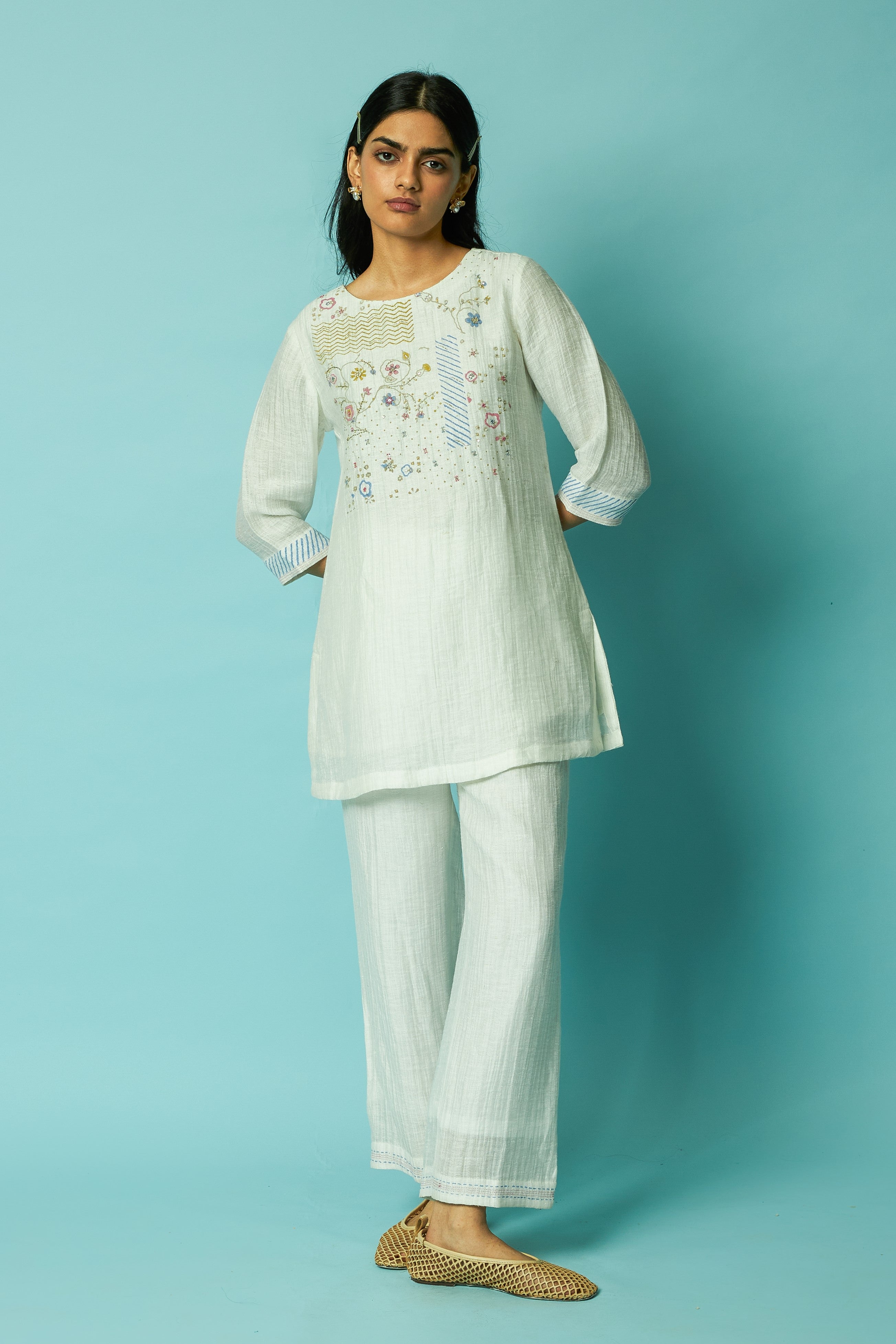 Off white Block printed Silk linen Tunic Set | Oregano