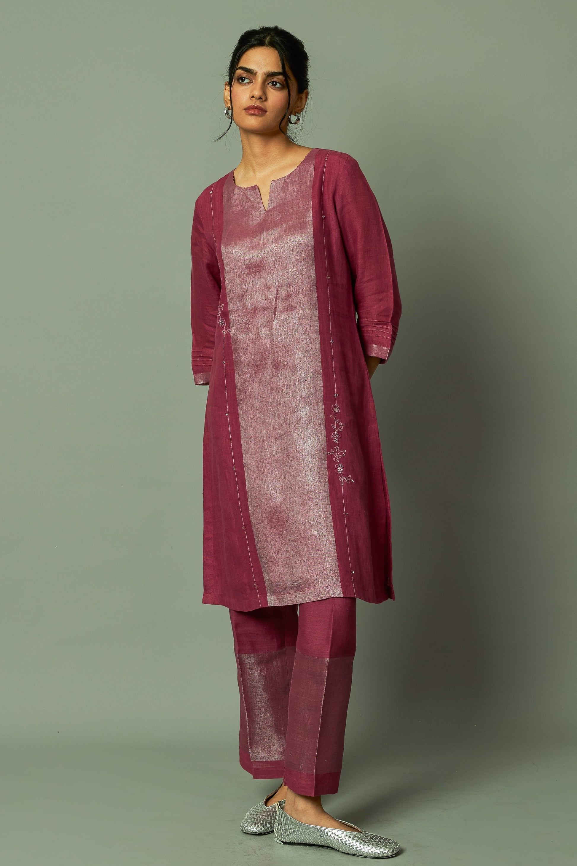 Wine Woven Sliver Zari Panel Kurta Set with Zari Embroidered Embellishment | Oregano
