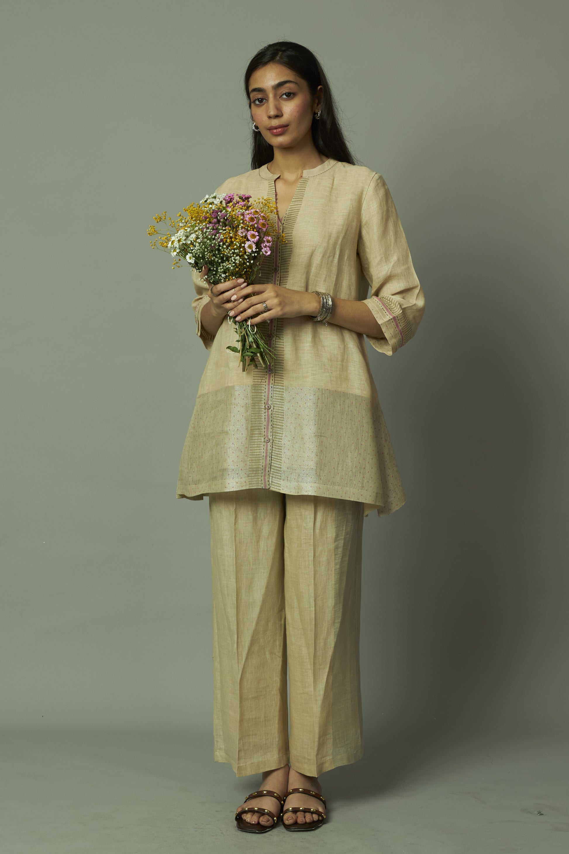 Block Printed Zari Linen Tunic Set | Oregano