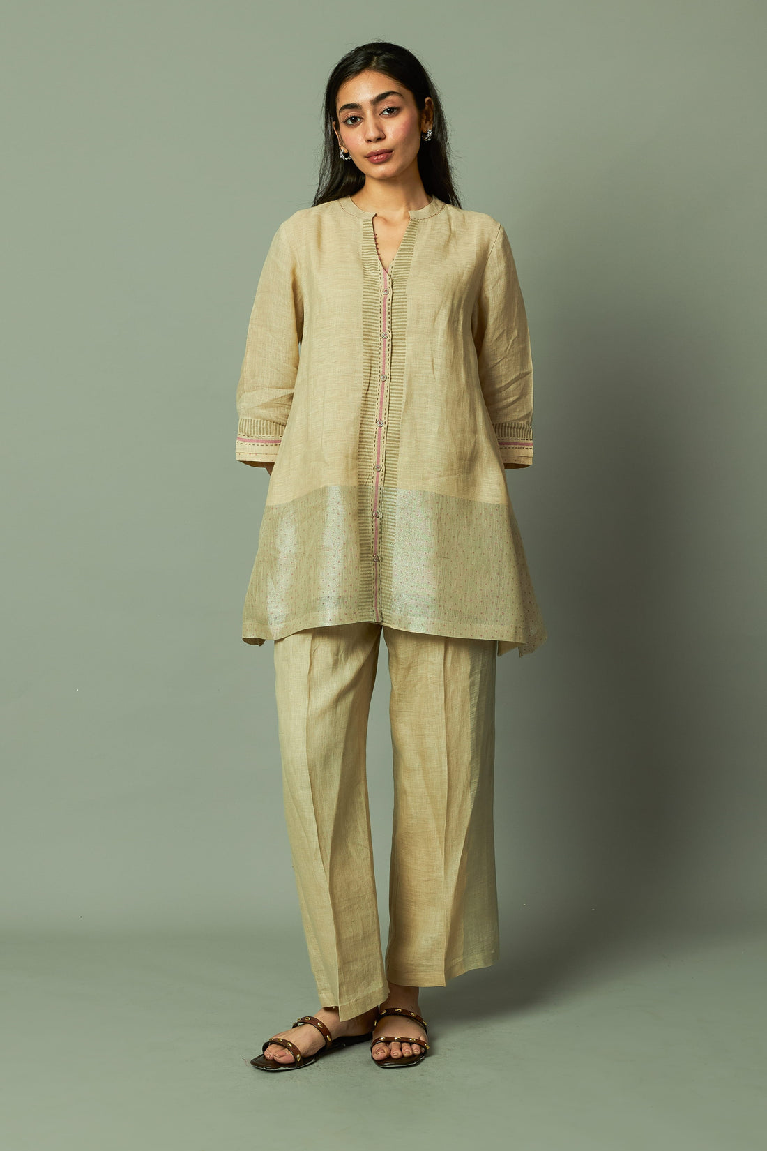 Khakhi Block Printed Zari Linen Tunic Set | Oregano
