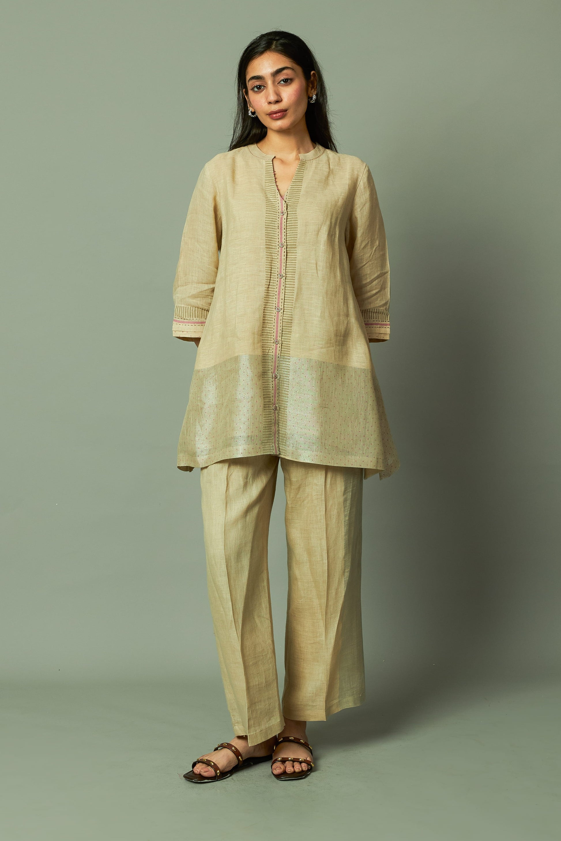 Khakhi Block Printed Zari Linen Tunic Set | Oregano