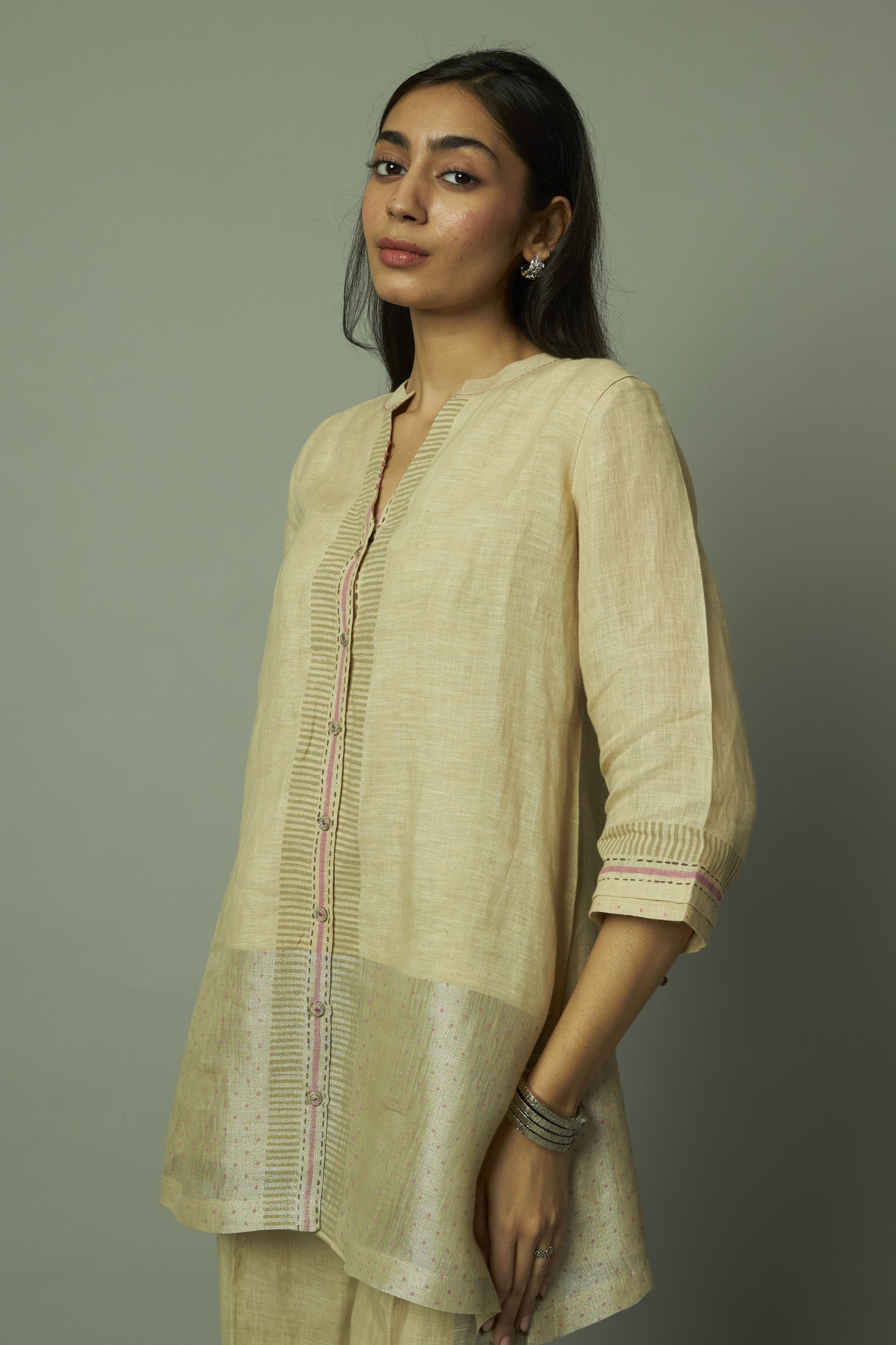Block Printed Zari Linen Tunic Set | Oregano