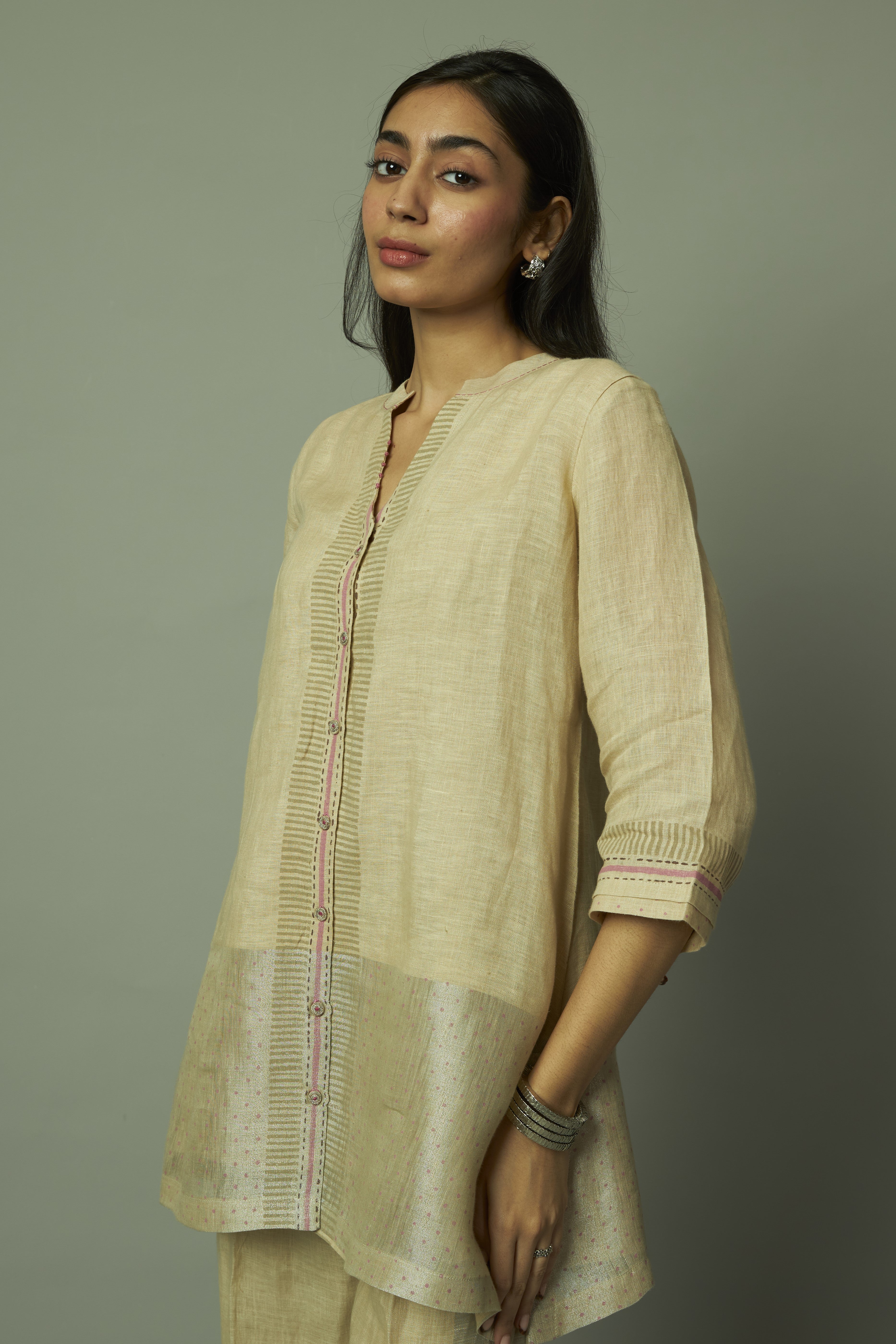 Block Printed Zari Linen Tunic Set | Oregano