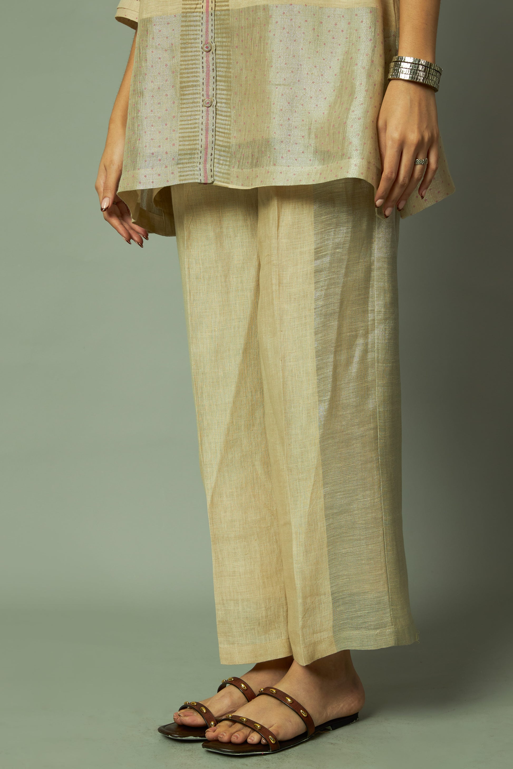 Block Printed Zari Linen Tunic Set | Oregano