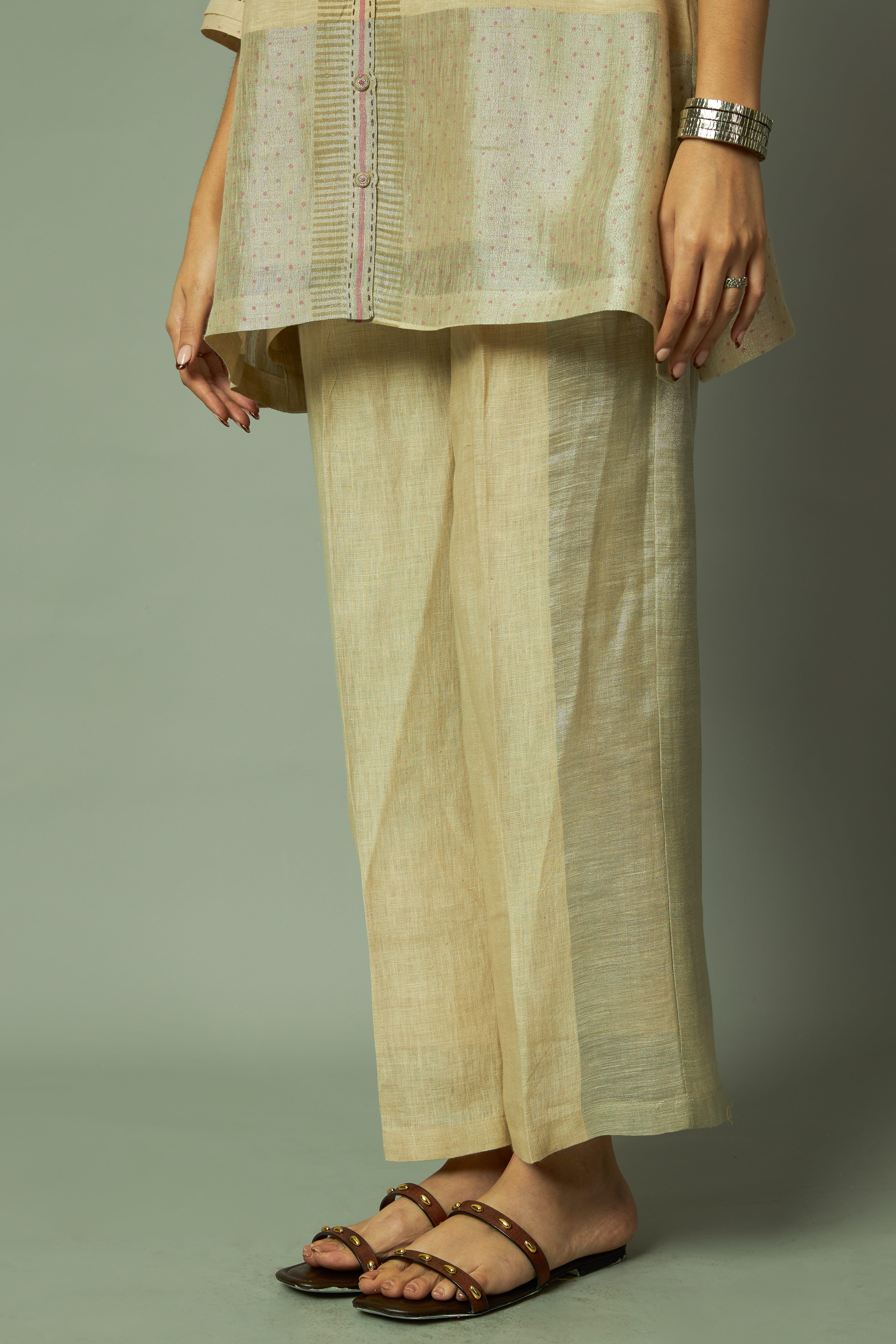 Block Printed Zari Linen Tunic Set | Oregano