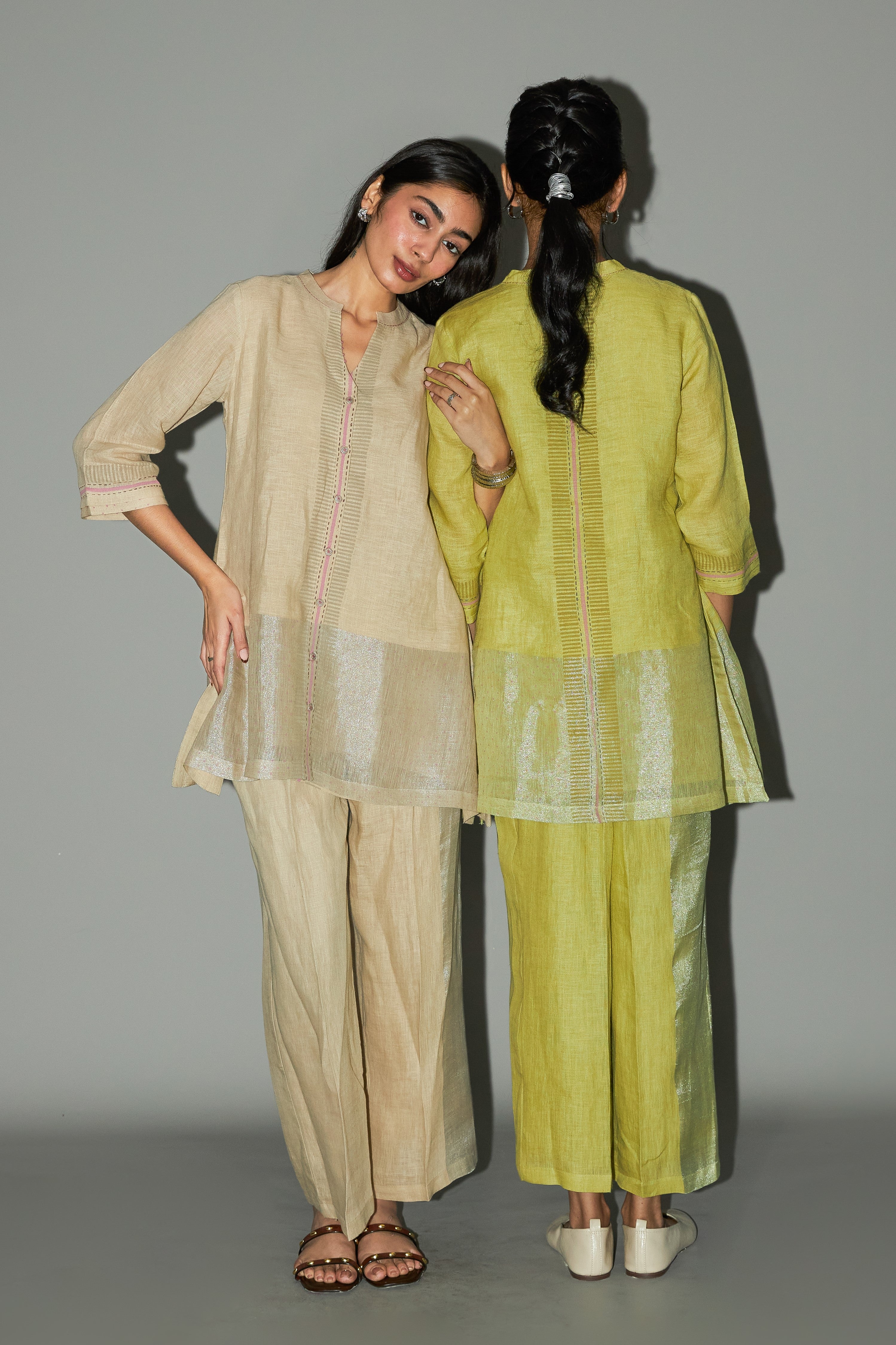Block Printed Zari Linen Tunic Set | Oregano
