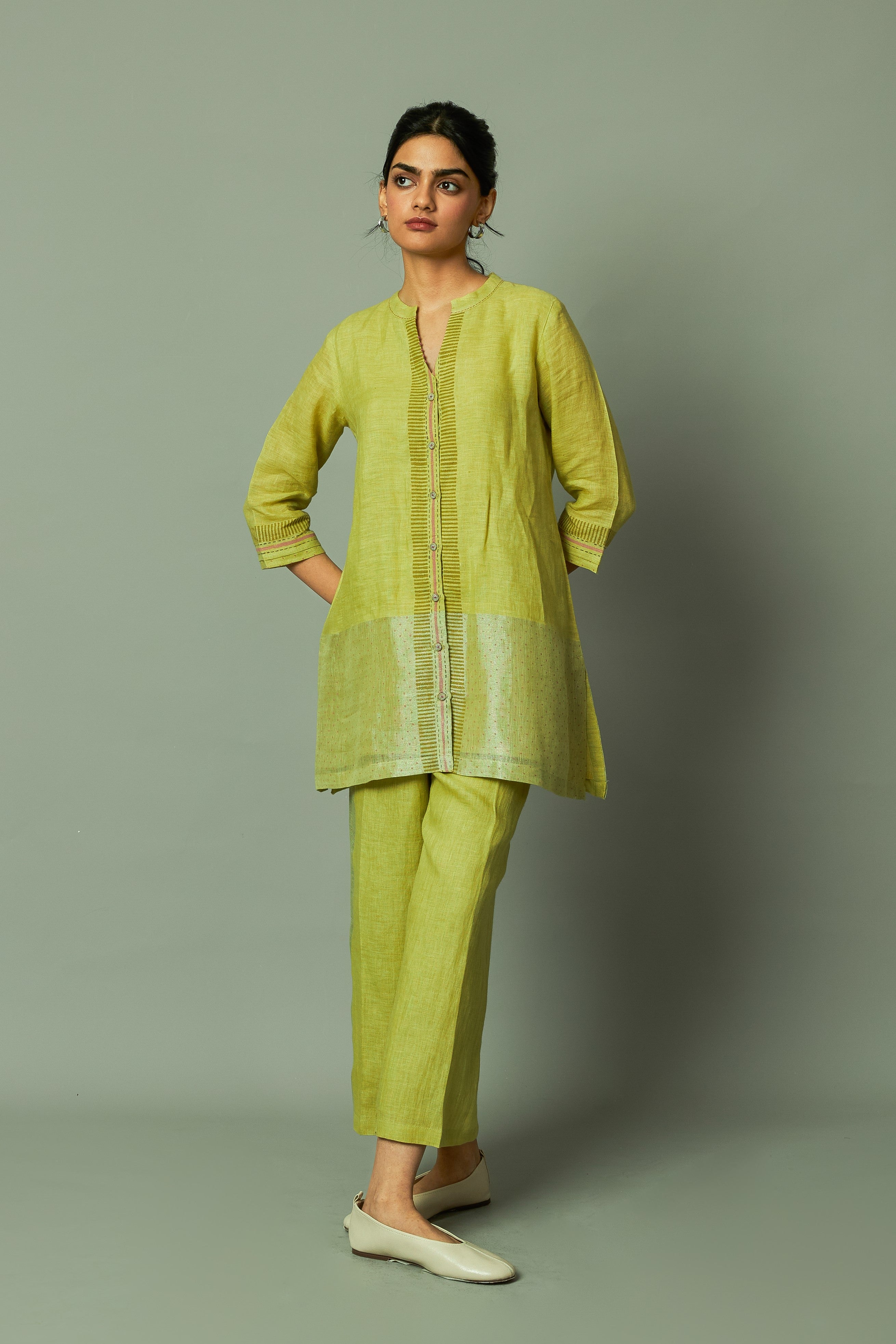 Lime Block Printed Zari Linen Tunic Set | Oregano