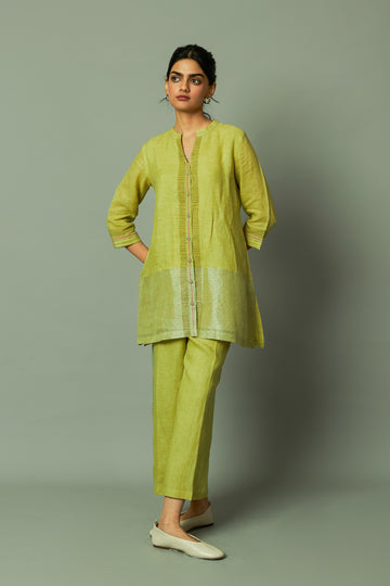 Lime Block Printed Zari Linen Tunic Set | Oregano
