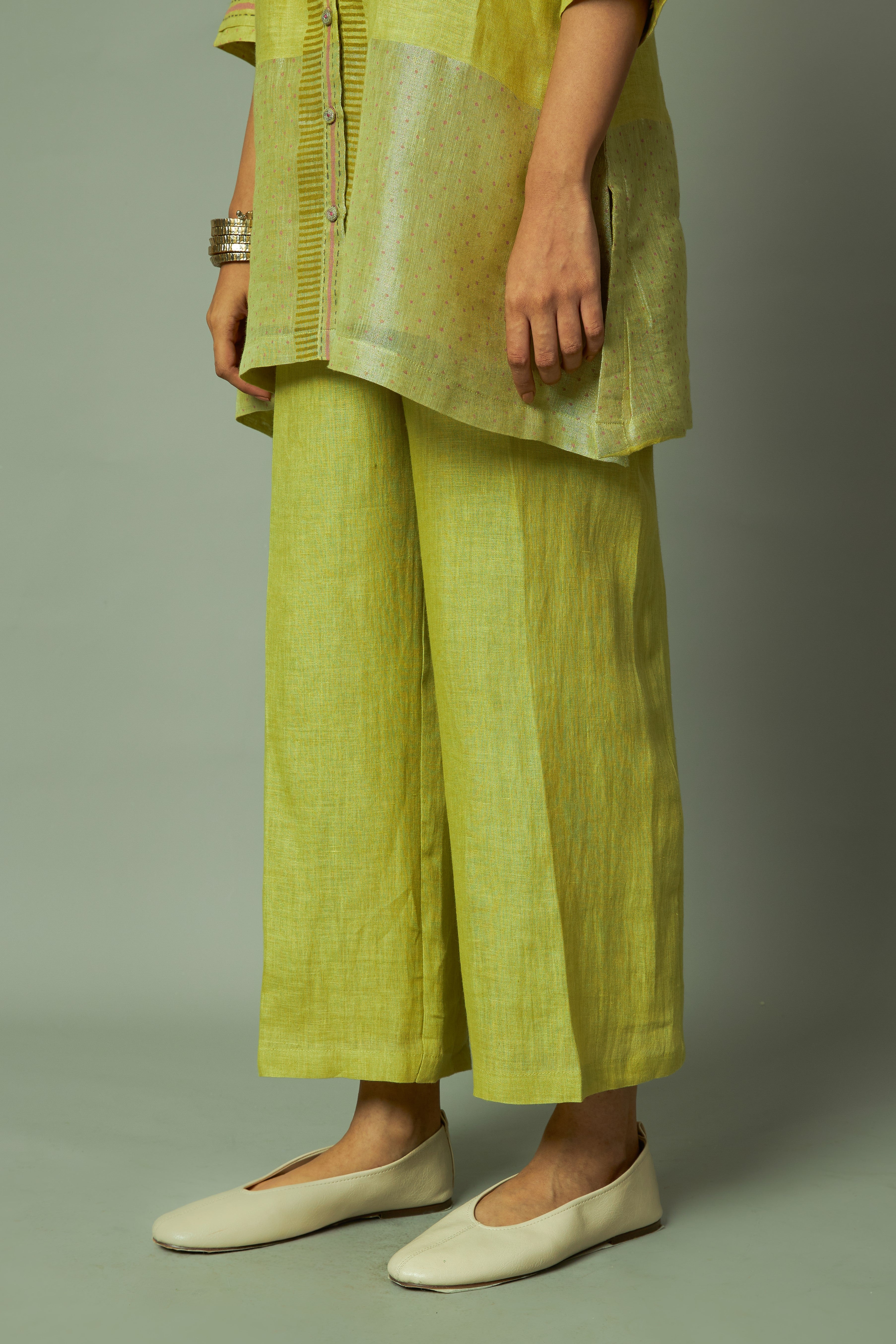 Block Printed Zari Linen Tunic Set | Oregano