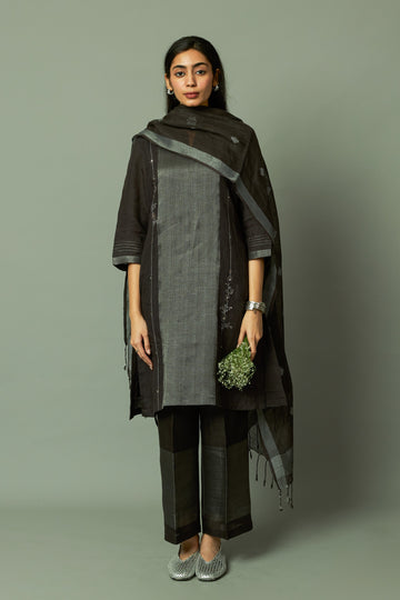 Coffee Woven Sliver Zari Panel Kurta Set with Zari Embroidered Embellishment | Oregano