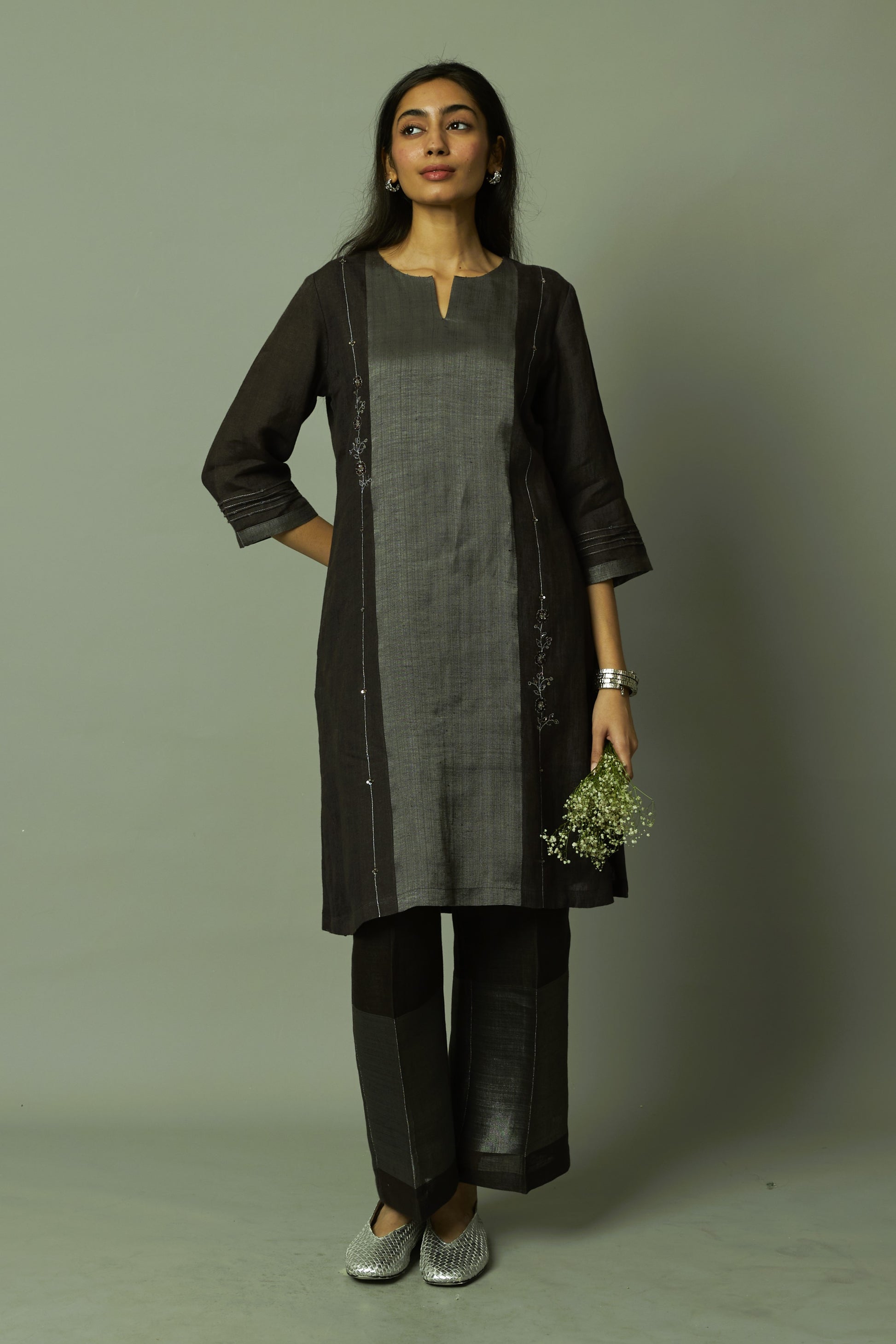 Coffee Woven Sliver Zari Panel Kurta Set with Zari Embroidered Embellishment | Oregano