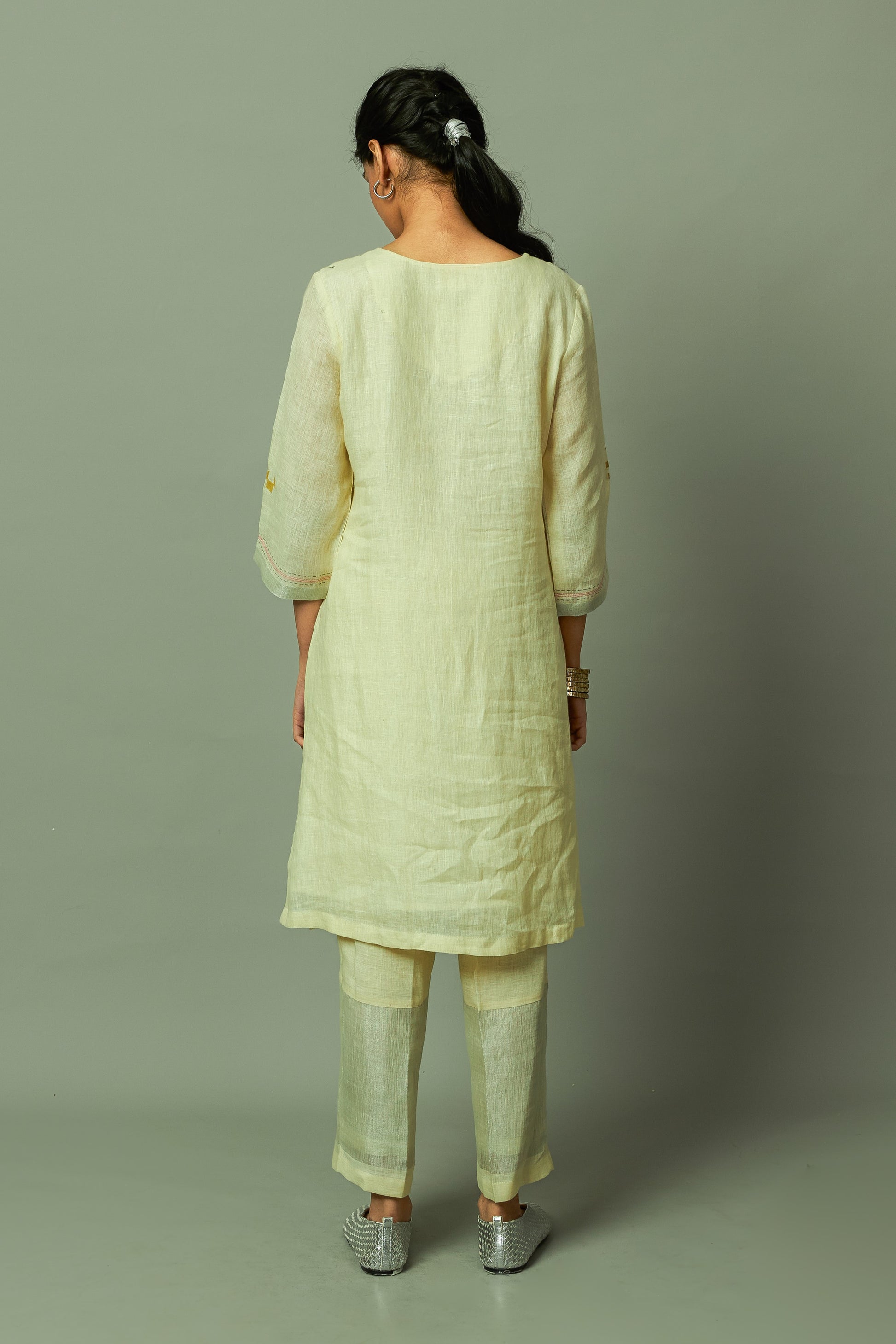 Block Printed Sliver Zari Linen Kurta set | Oregano