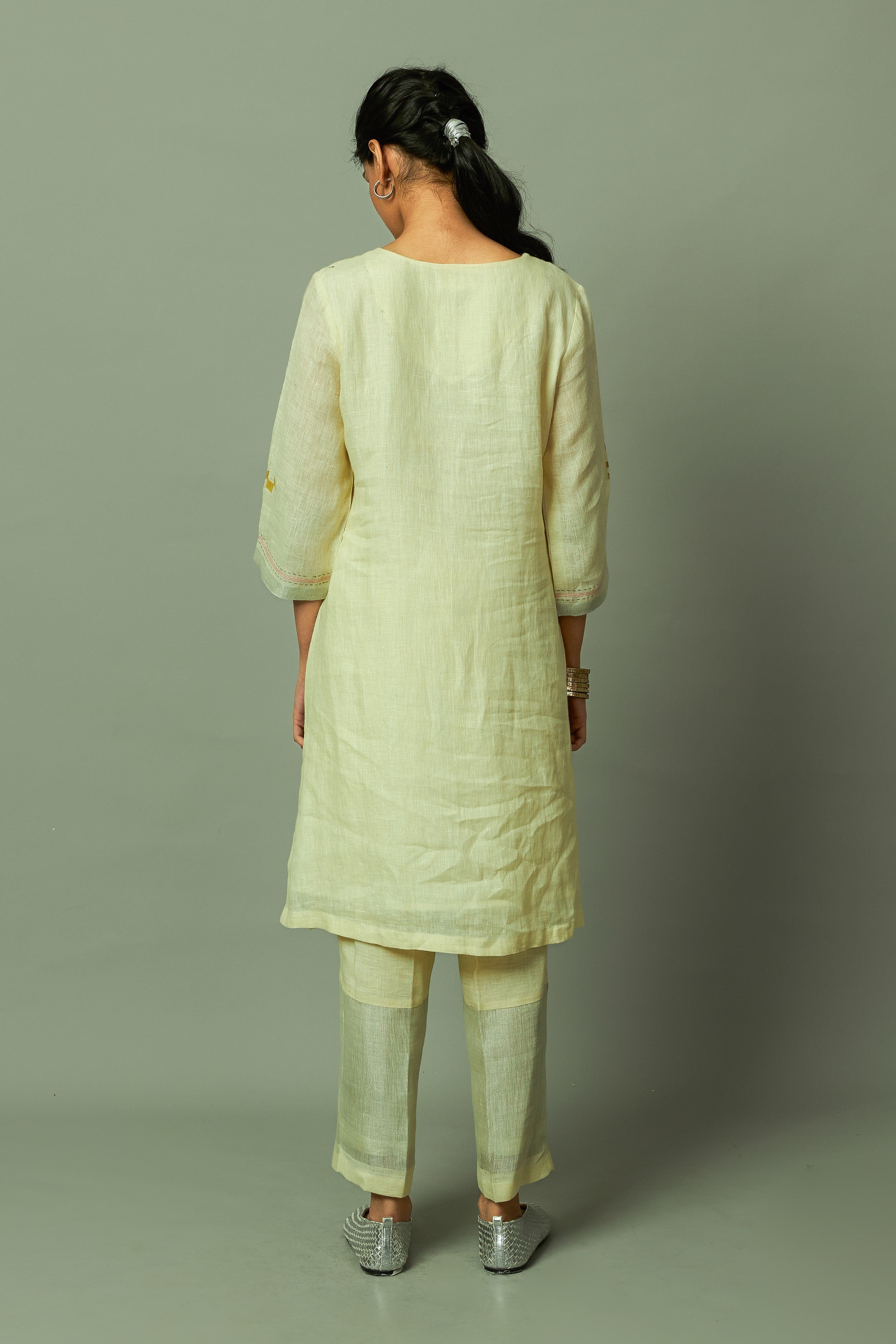 Block Printed Sliver Zari Linen Kurta set | Oregano