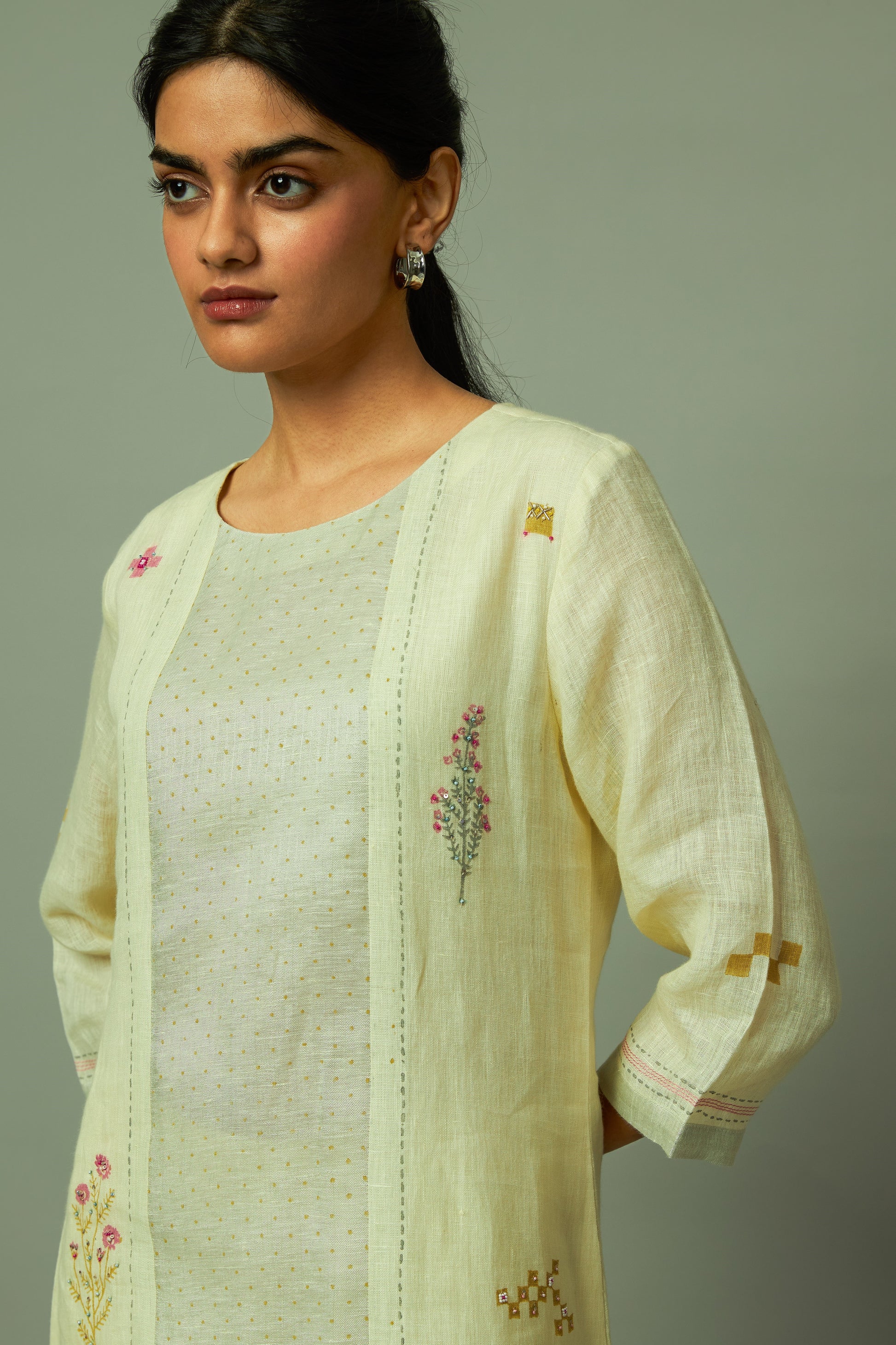 Block Printed Sliver Zari Linen Kurta set | Oregano