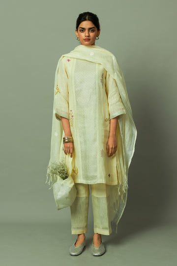 Lemon Block Printed Sliver Zari Linen Kurta set | Oregano