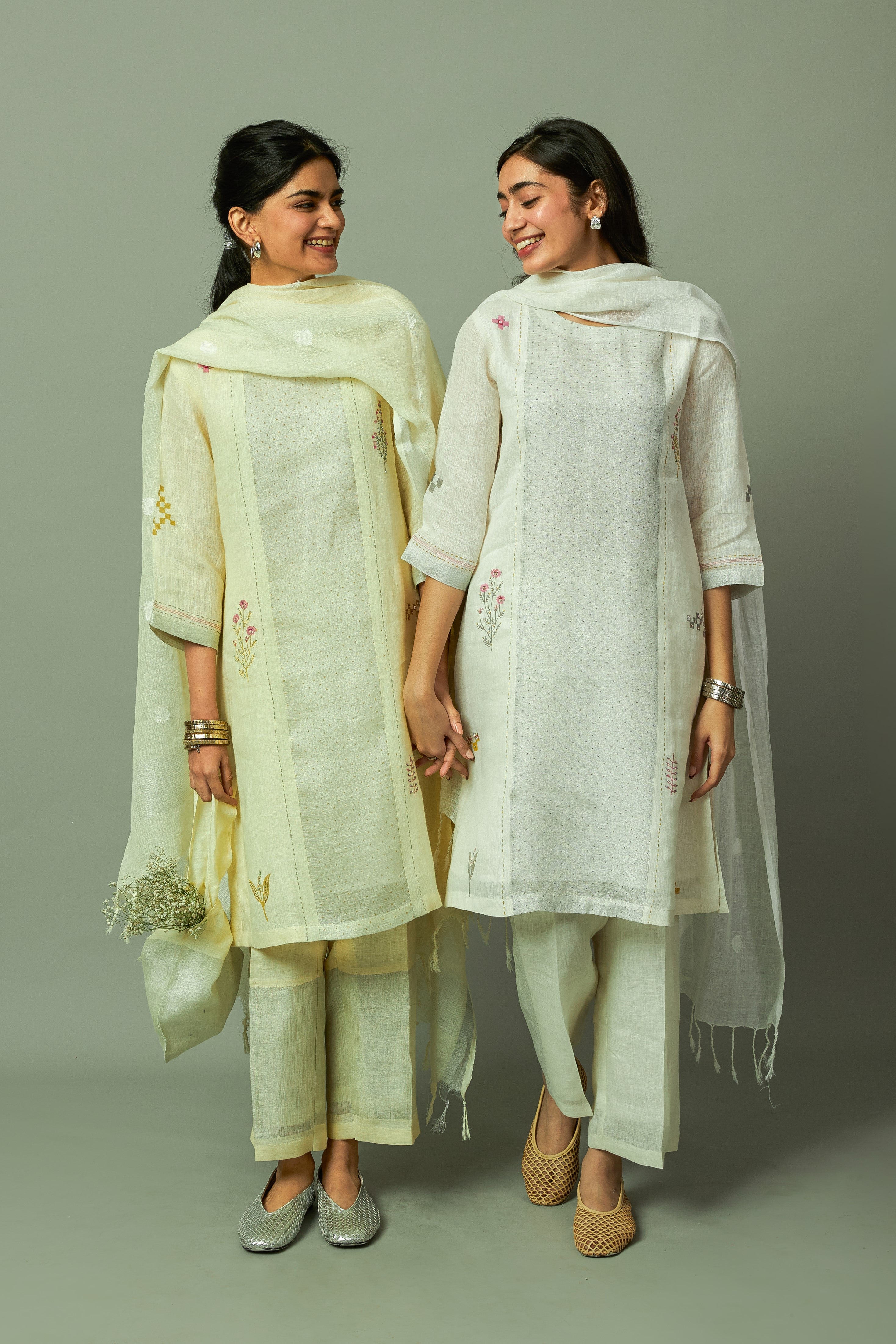 Block Printed Sliver Zari Linen Kurta set | Oregano