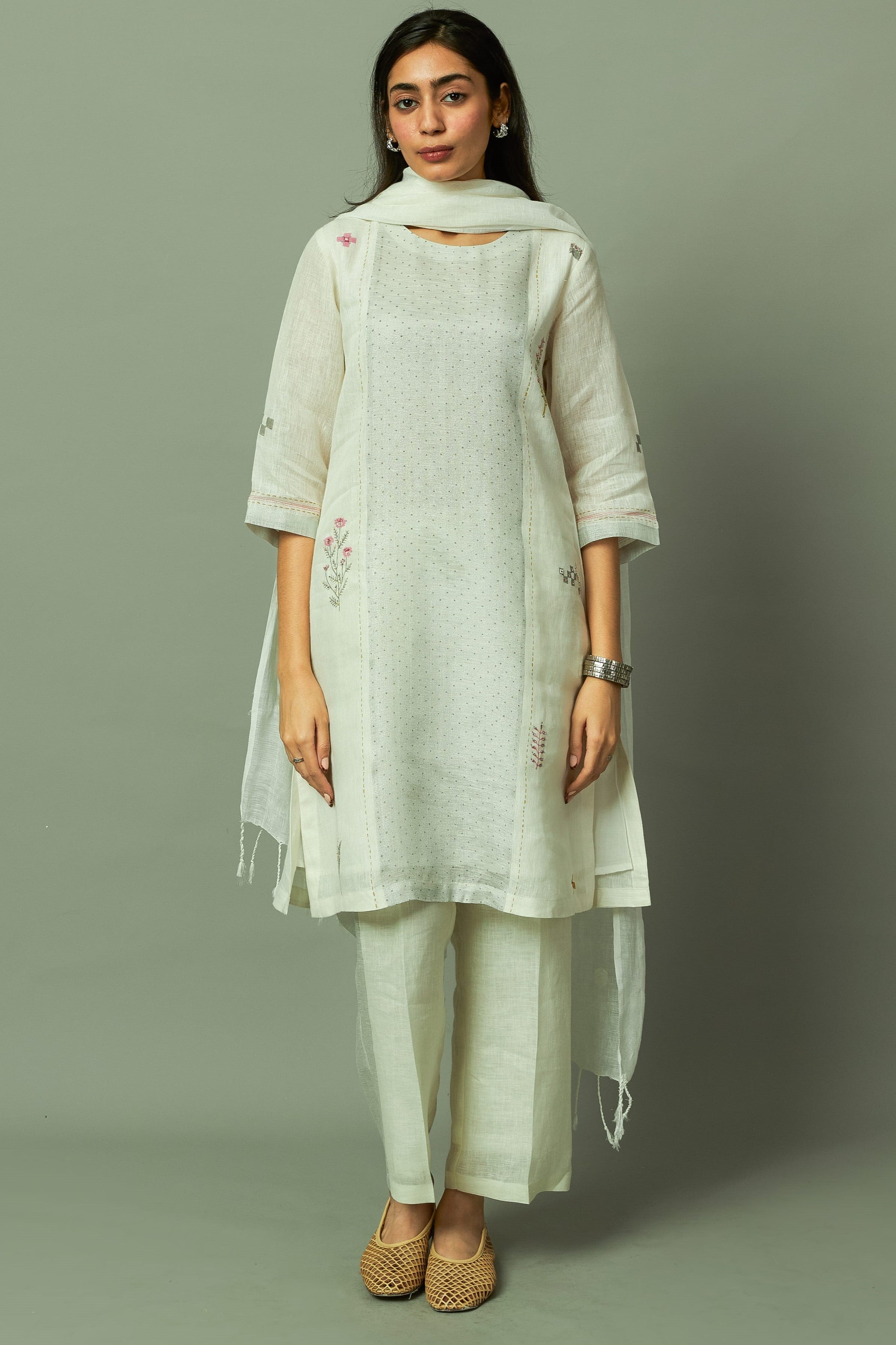Off white Block Printed Sliver Zari Linen Kurta set | Oregano