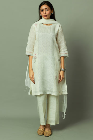 Off white Block Printed Sliver Zari Linen Kurta set | Oregano