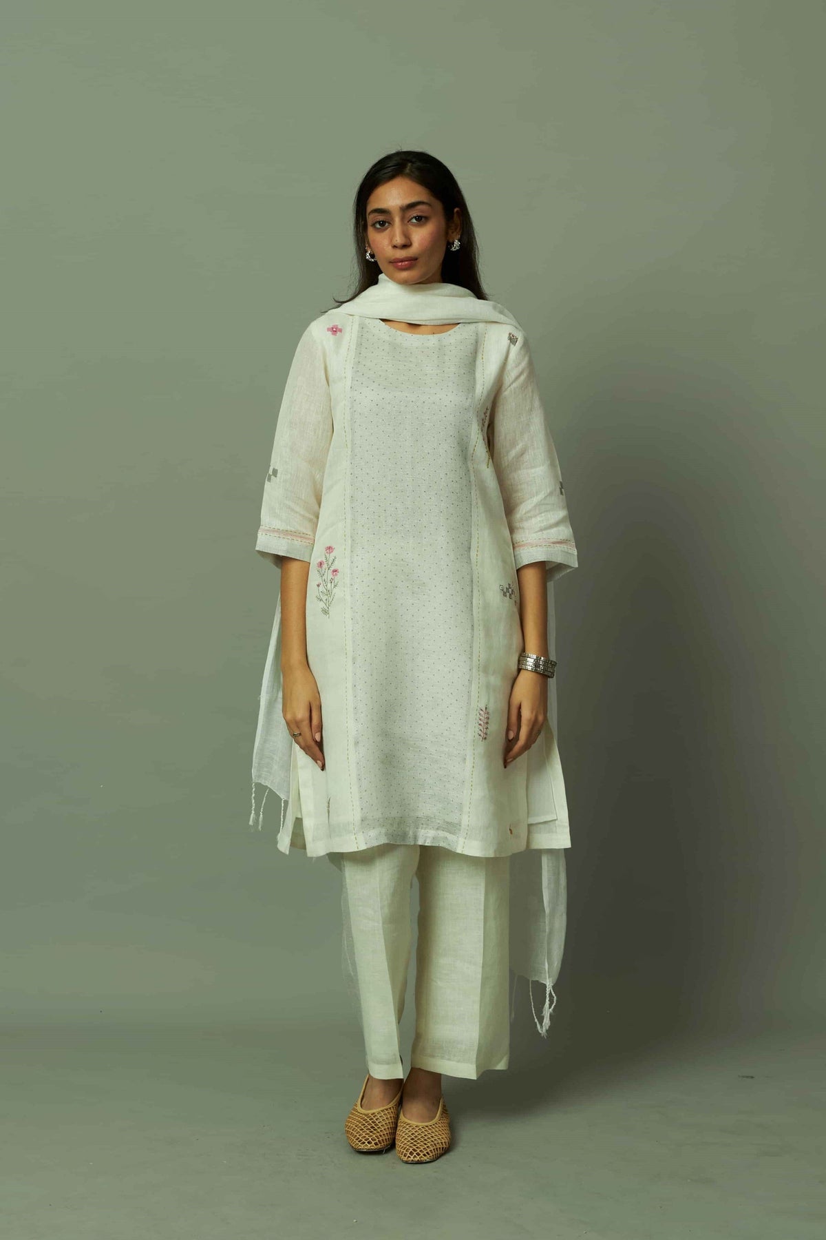 Block Printed Sliver Zari White Linen Kurta set