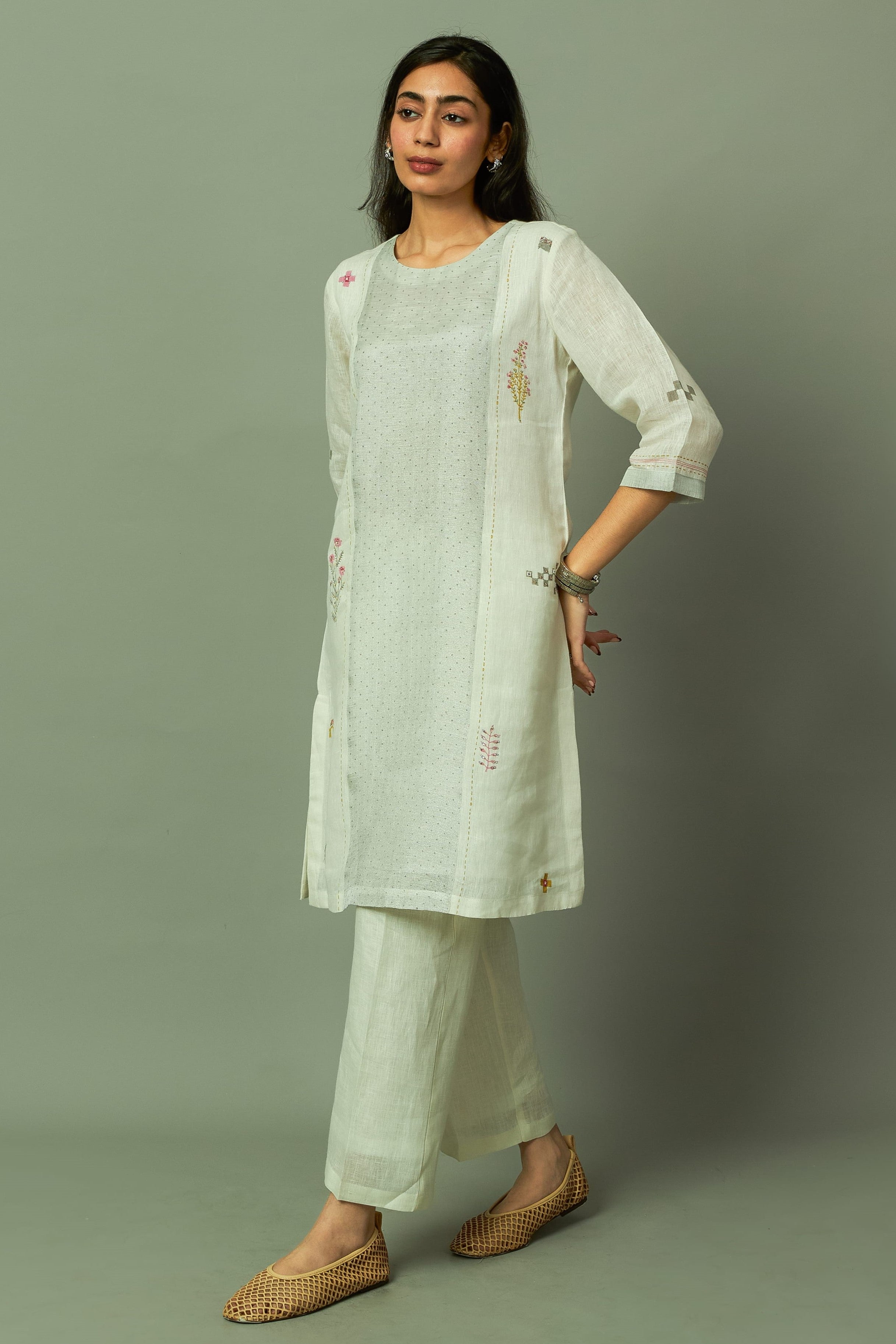 Off white Block Printed Sliver Zari Linen Kurta set | Oregano