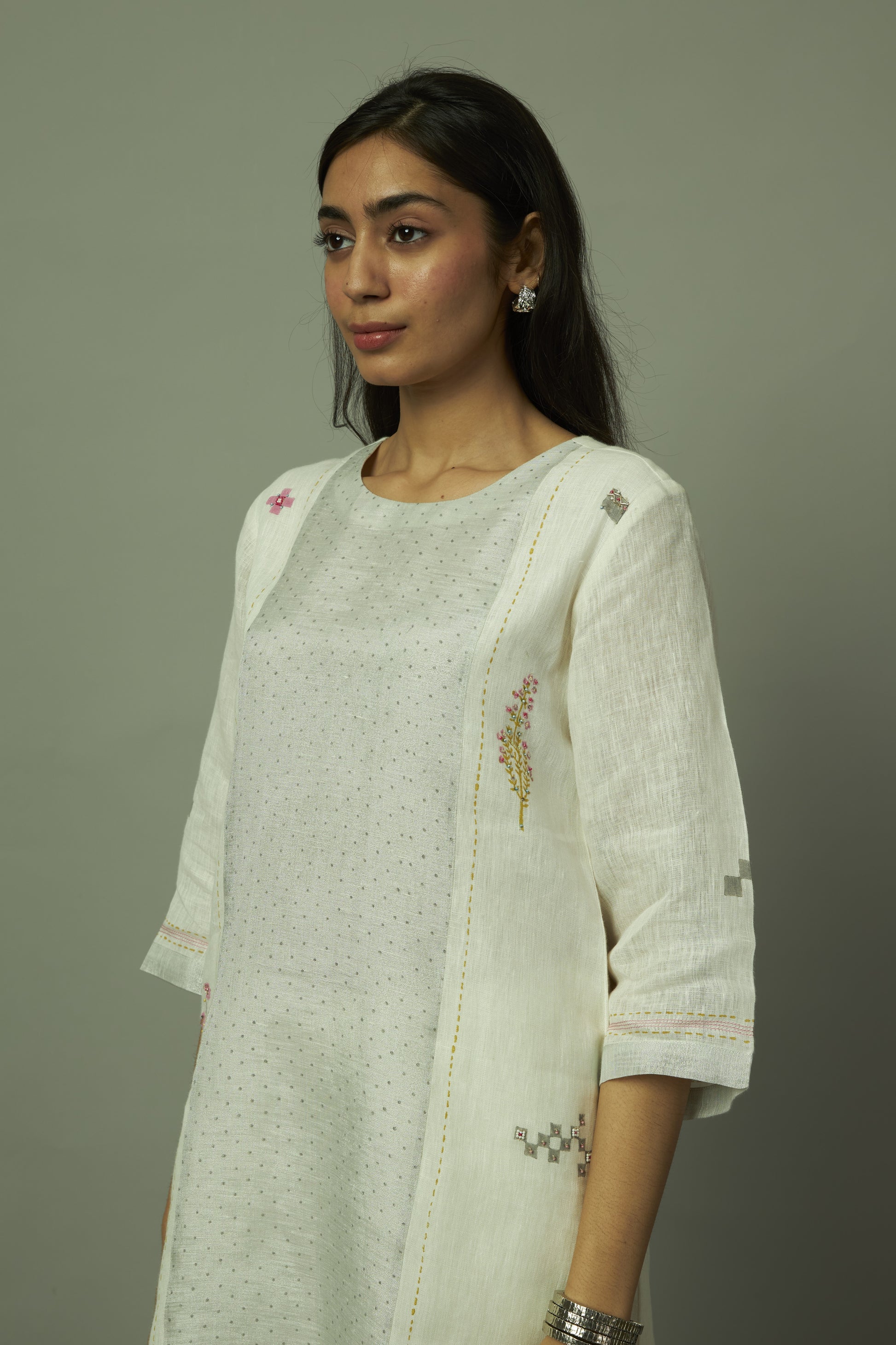 Block Printed Sliver Zari Linen Kurta set | Oregano