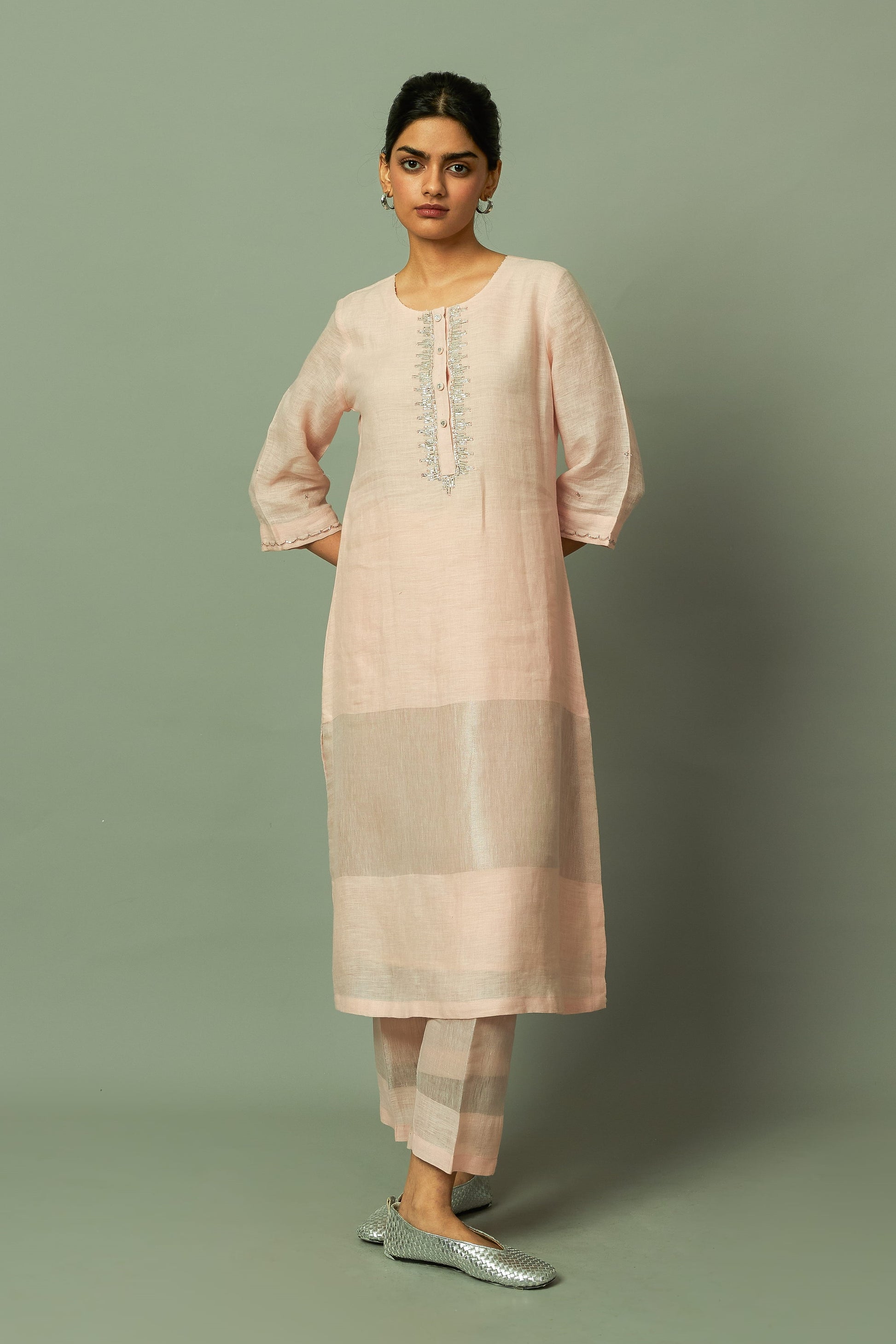 Baby Pink Khat Pita Work Sliver Zari Linen Kurta Set | Oregano