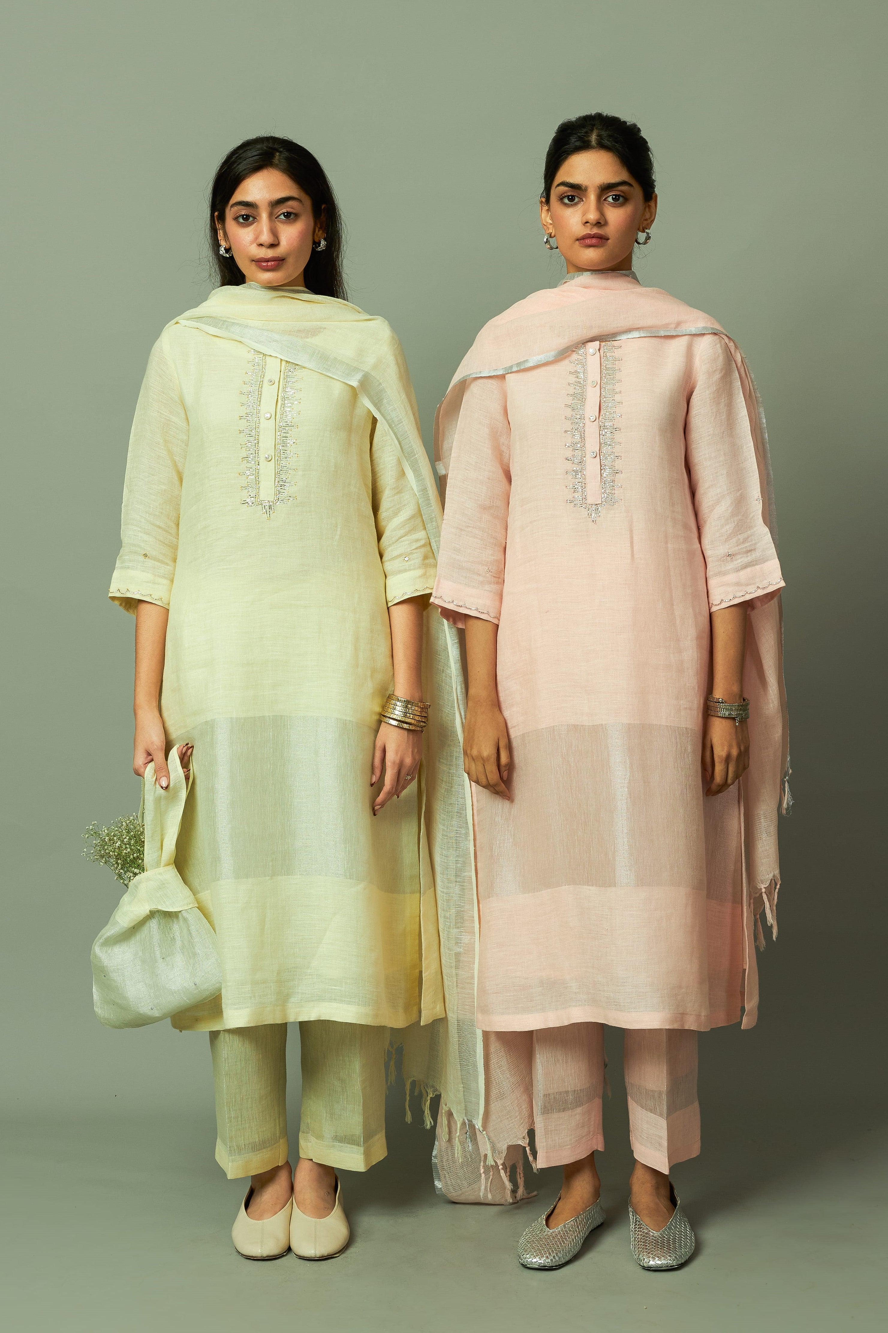 Khat Pita Work Sliver Zari Linen Kurta Set | Oregano