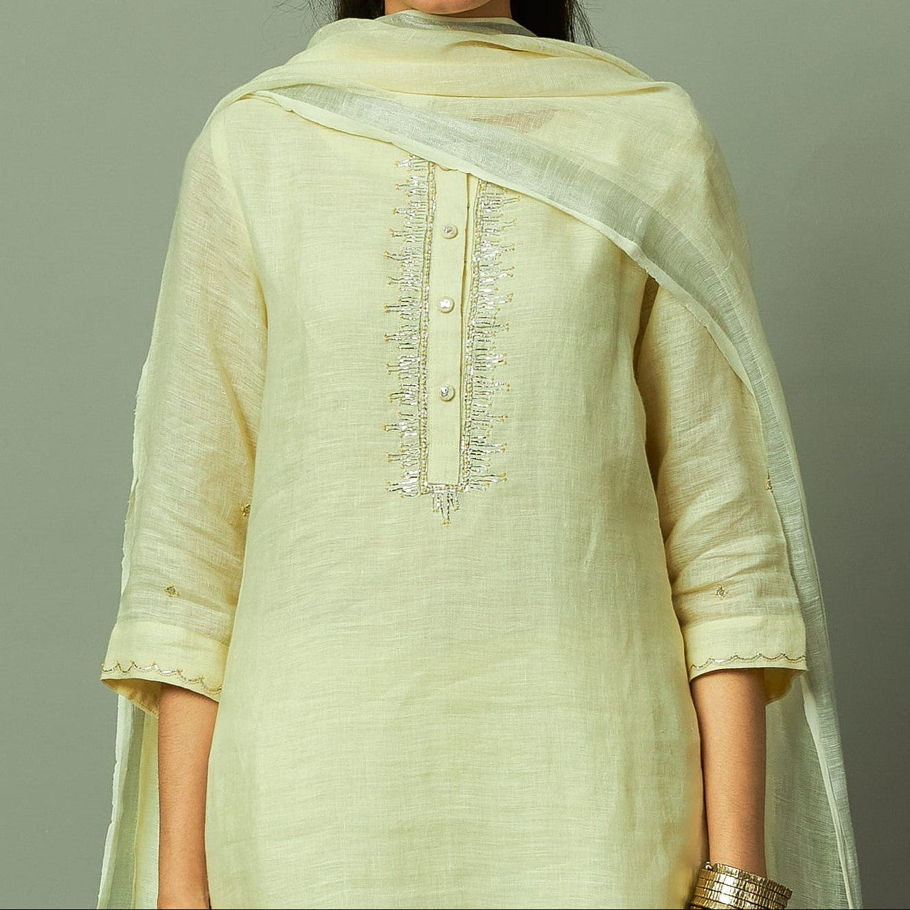 Lemon Khat Pita Work Sliver Zari Linen Kurta Set | Oregano
