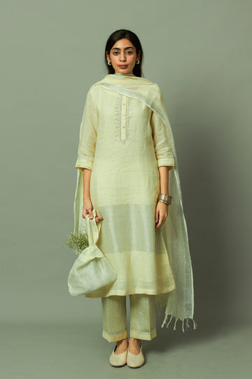 Lemon Khat Pita Work Sliver Zari Linen Kurta Set | Oregano