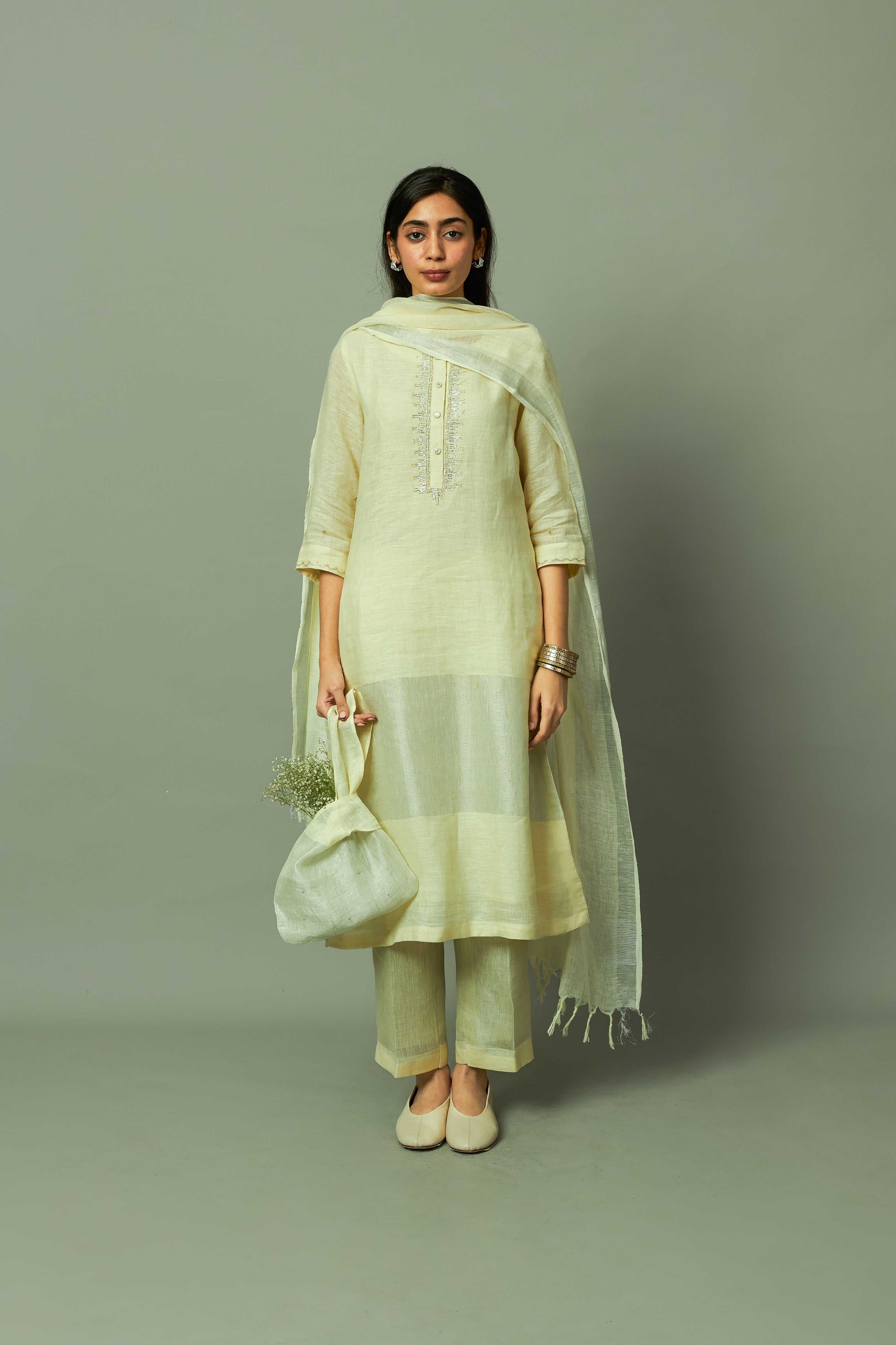 Khat Pita Work Lemon Sliver Zari Linen Kurta Set