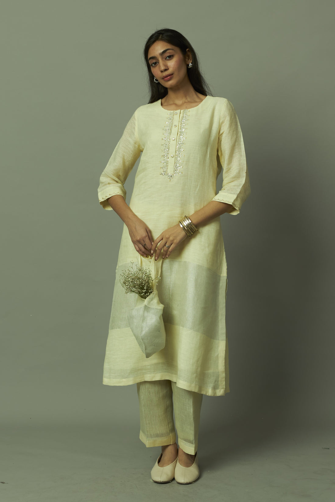 Lemon Khat Pita Work Sliver Zari Linen Kurta Set | Oregano