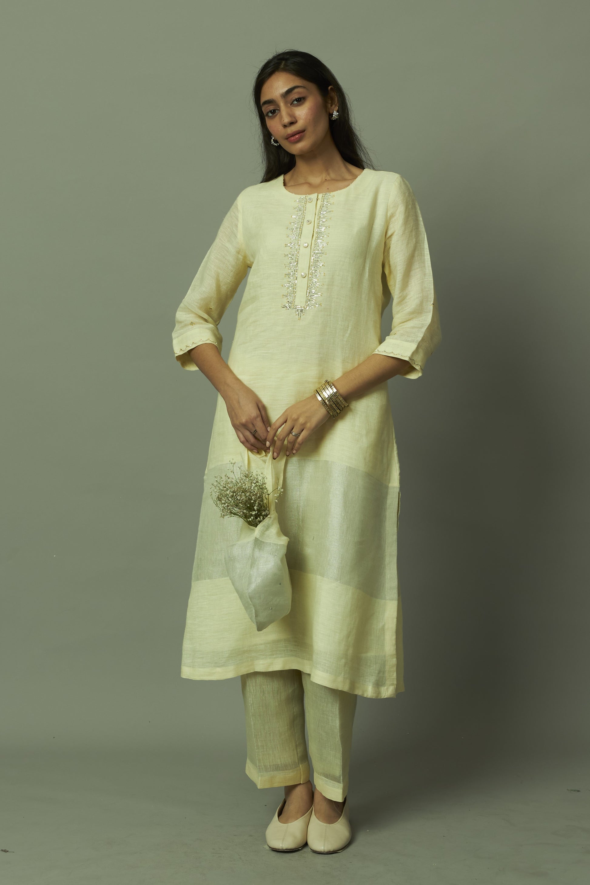 Lemon Khat Pita Work Sliver Zari Linen Kurta Set | Oregano
