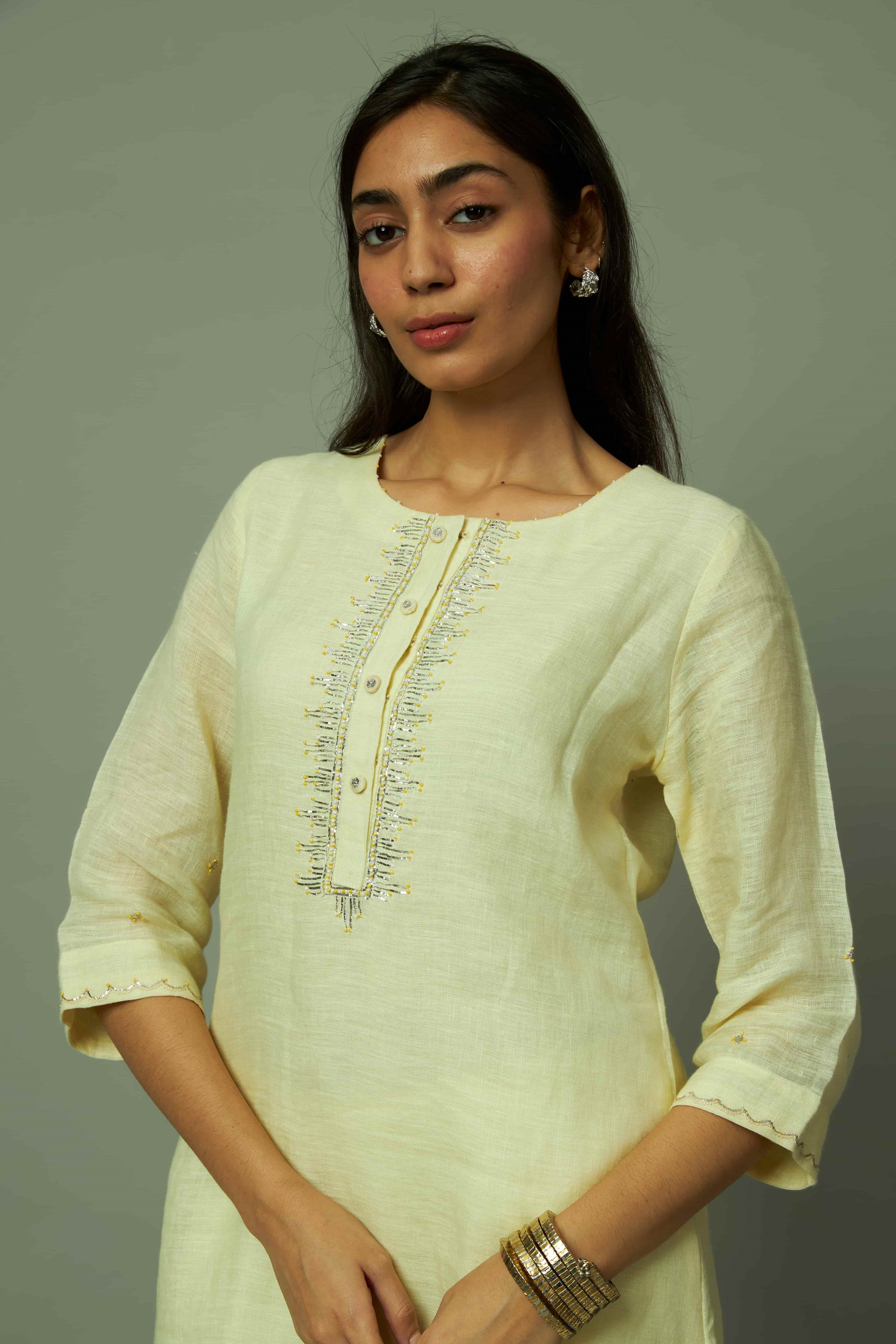 Khat Pita Work Lemon Sliver Zari Linen Kurta Set