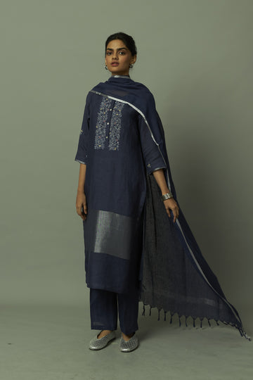 Navy Zari embroidered yoke on Sliver Zari linen Kurta Set | Oregano