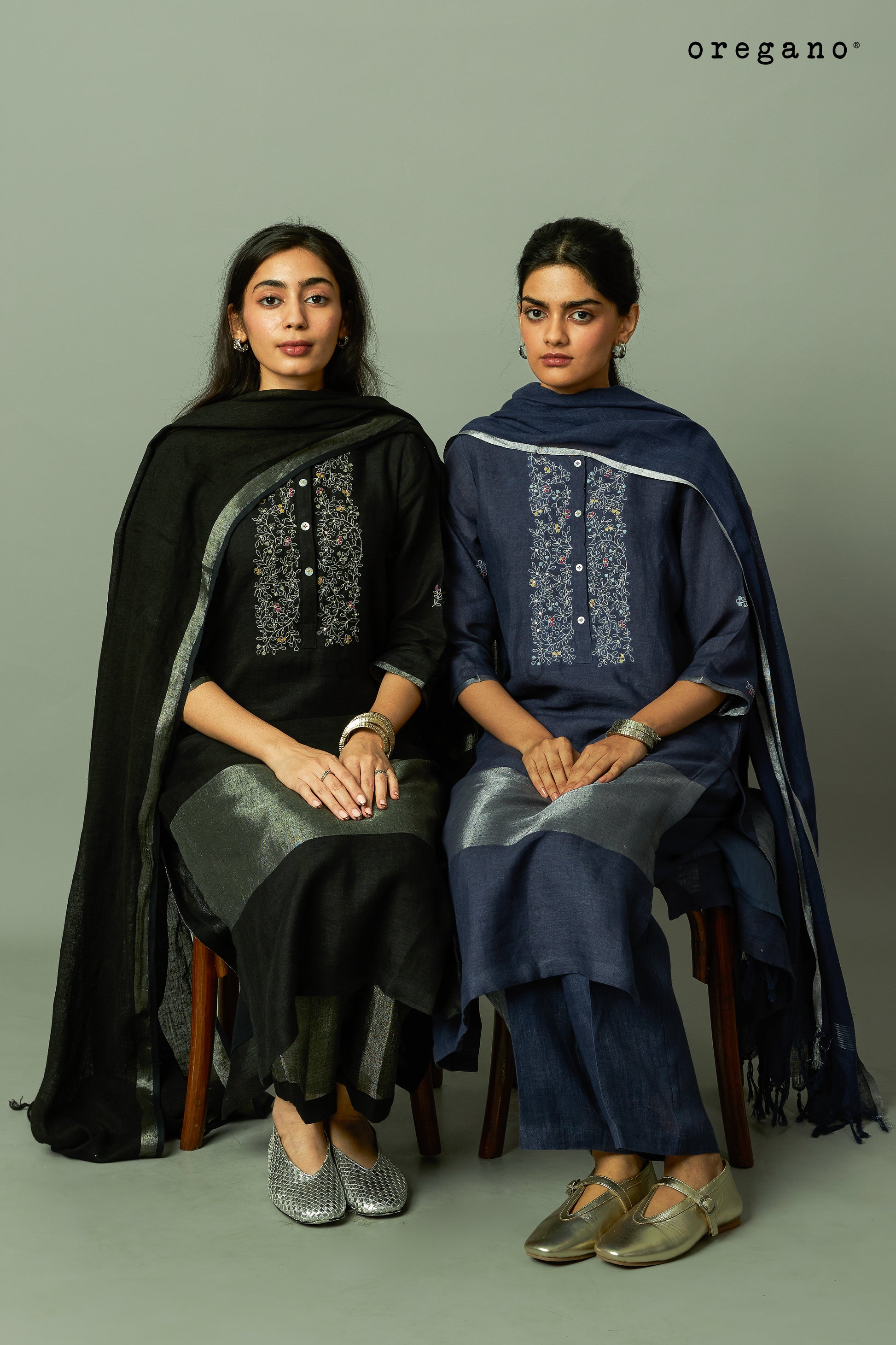 Zari embroidered yoke on Sliver Zari linen Kurta Set | Oregano