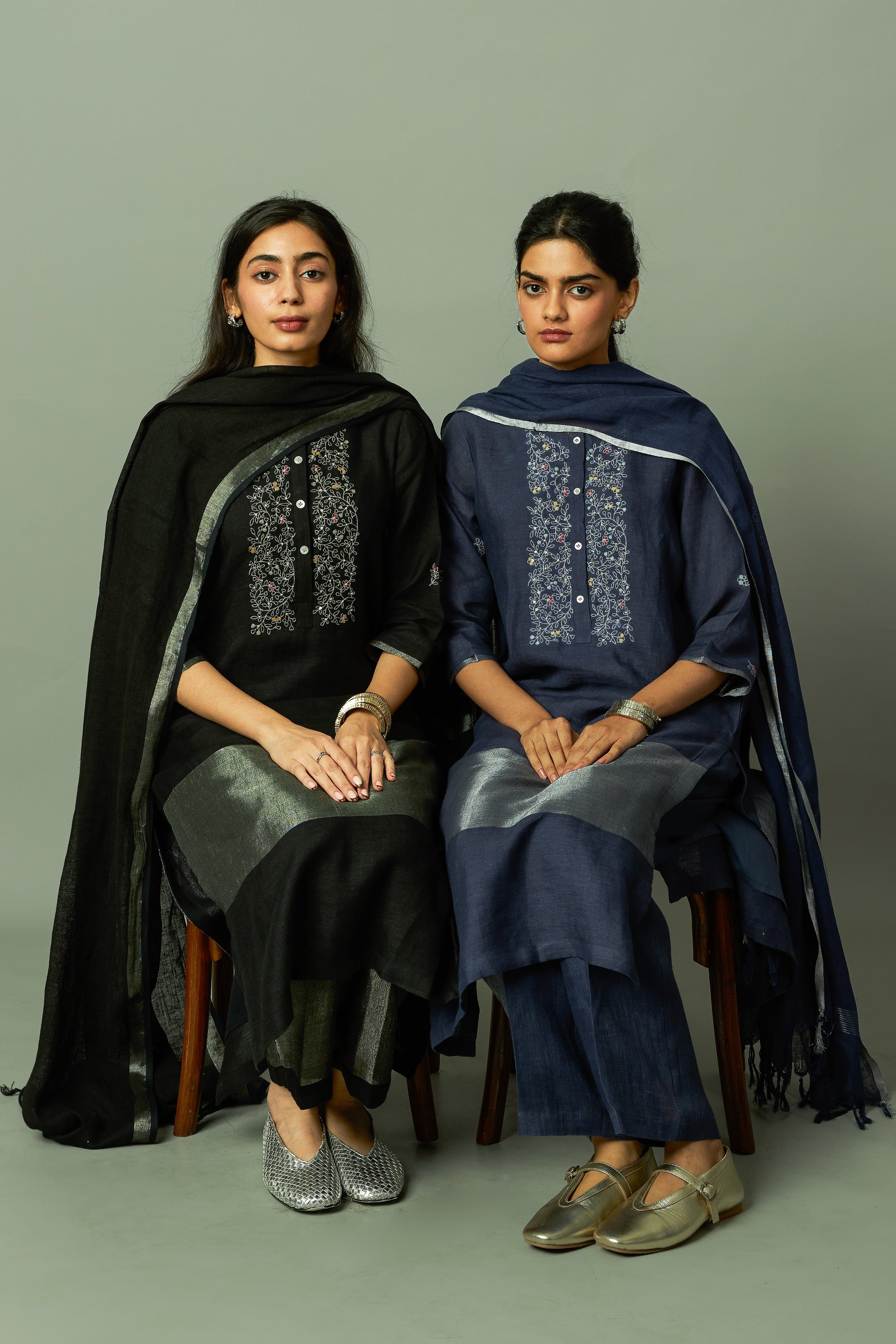 Zari embroidered yoke on Sliver Zari linen Kurta Set | Oregano