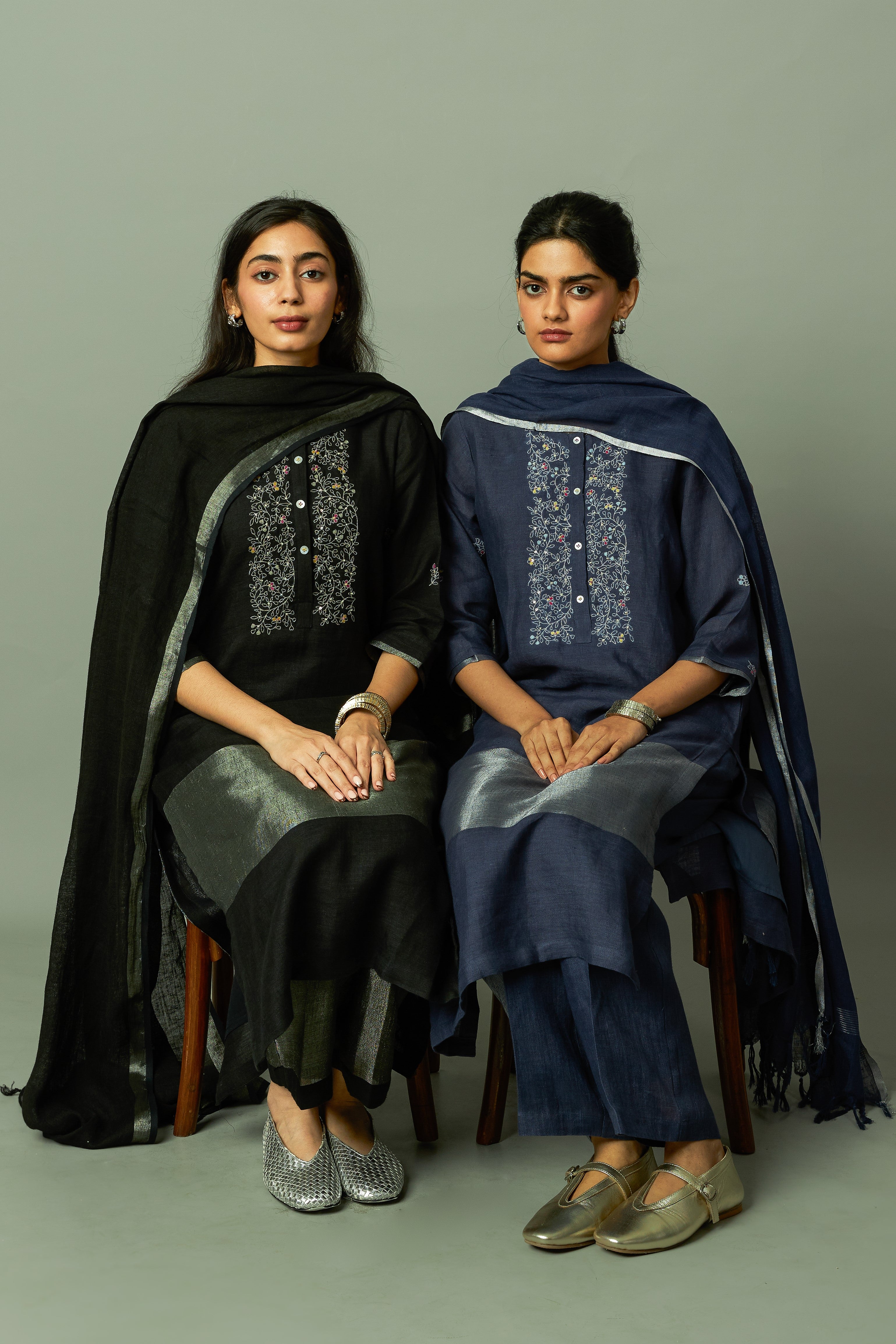 Zari embroidered yoke on Sliver Zari linen Kurta Set | Oregano