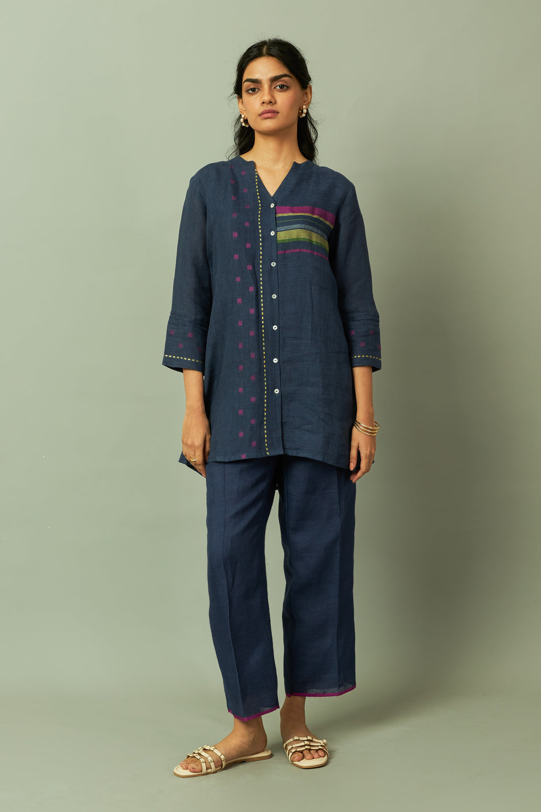 Navy Linen Multi-Stripe Tunic Coord Set | Oregano
