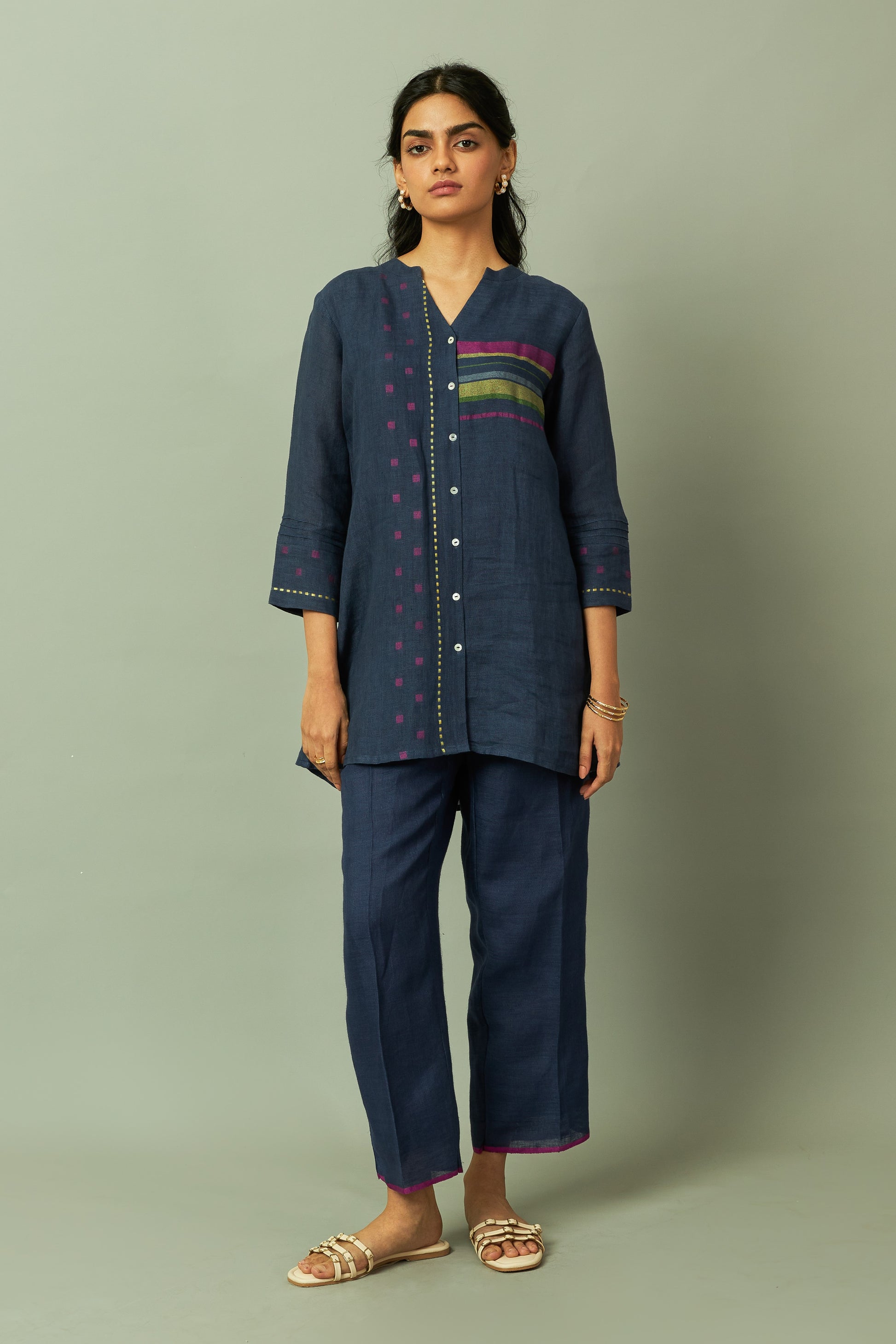 Navy Linen Multi-Stripe Tunic Coord Set | Oregano