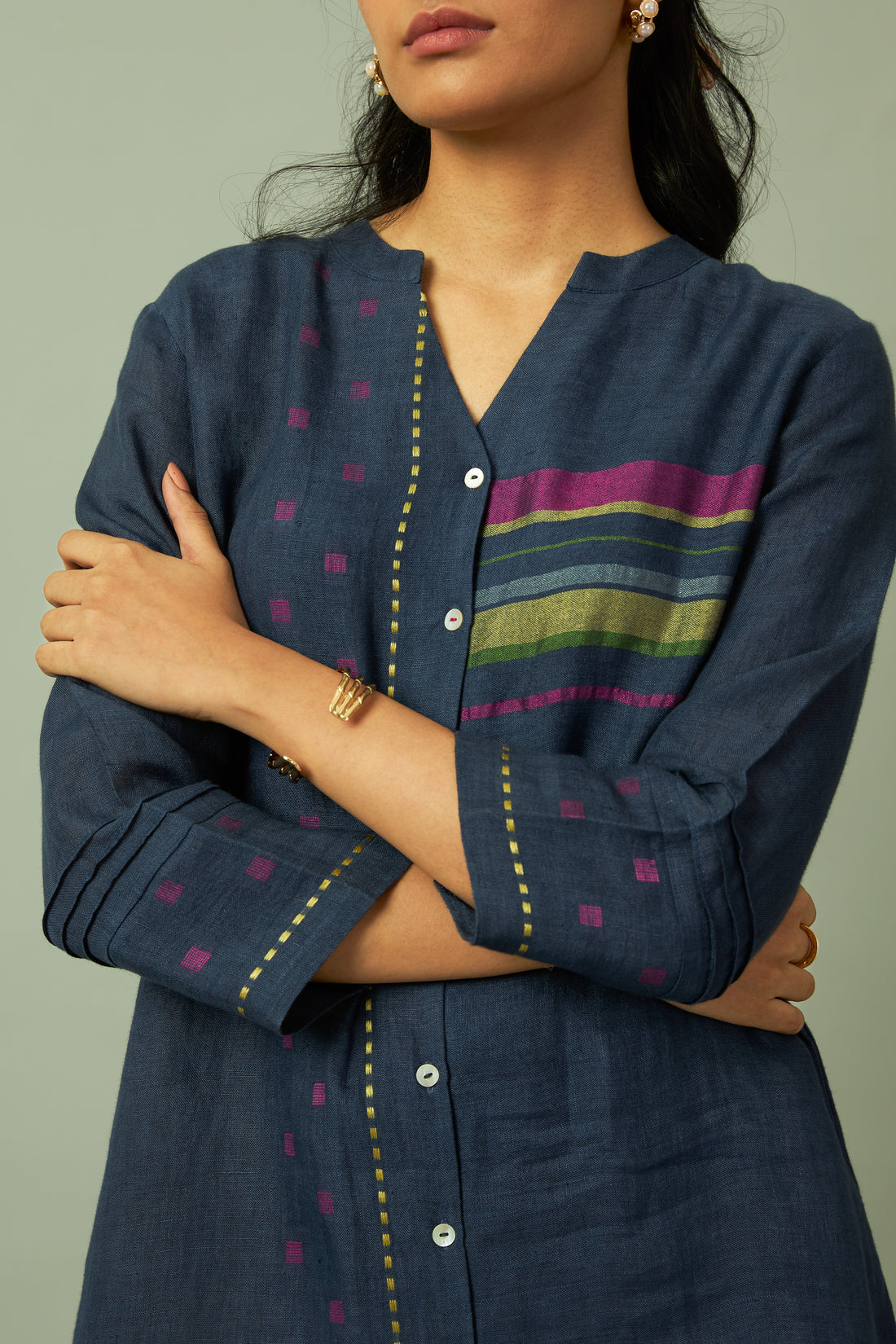 Navy Linen Multi-Stripe Tunic Coord Set | Oregano