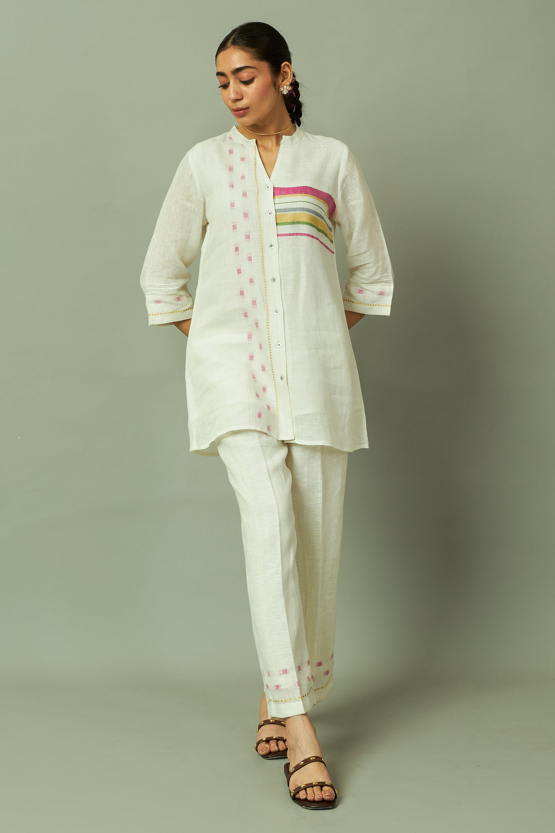 Off white Linen Multi-Stripe Tunic Coord Set | Oregano
