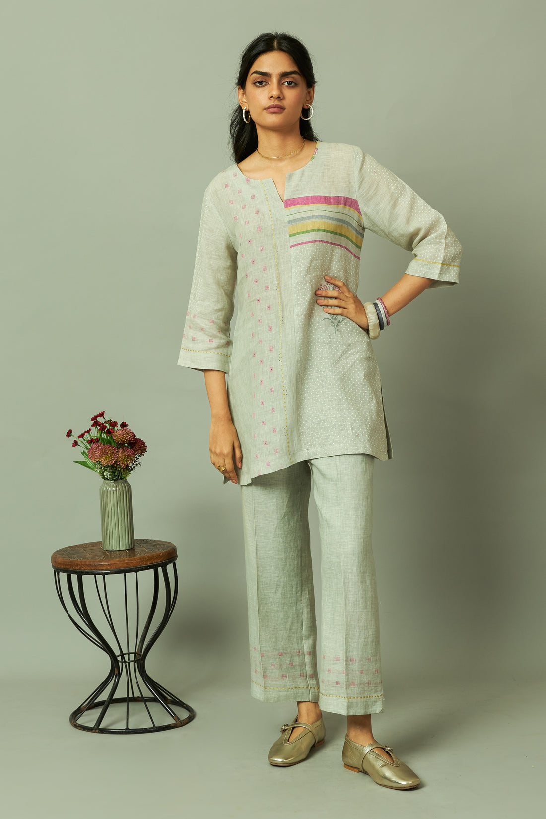 Grey Block Print 100% Linen Coord Set with Multi-Stripe Panel | Oregano
