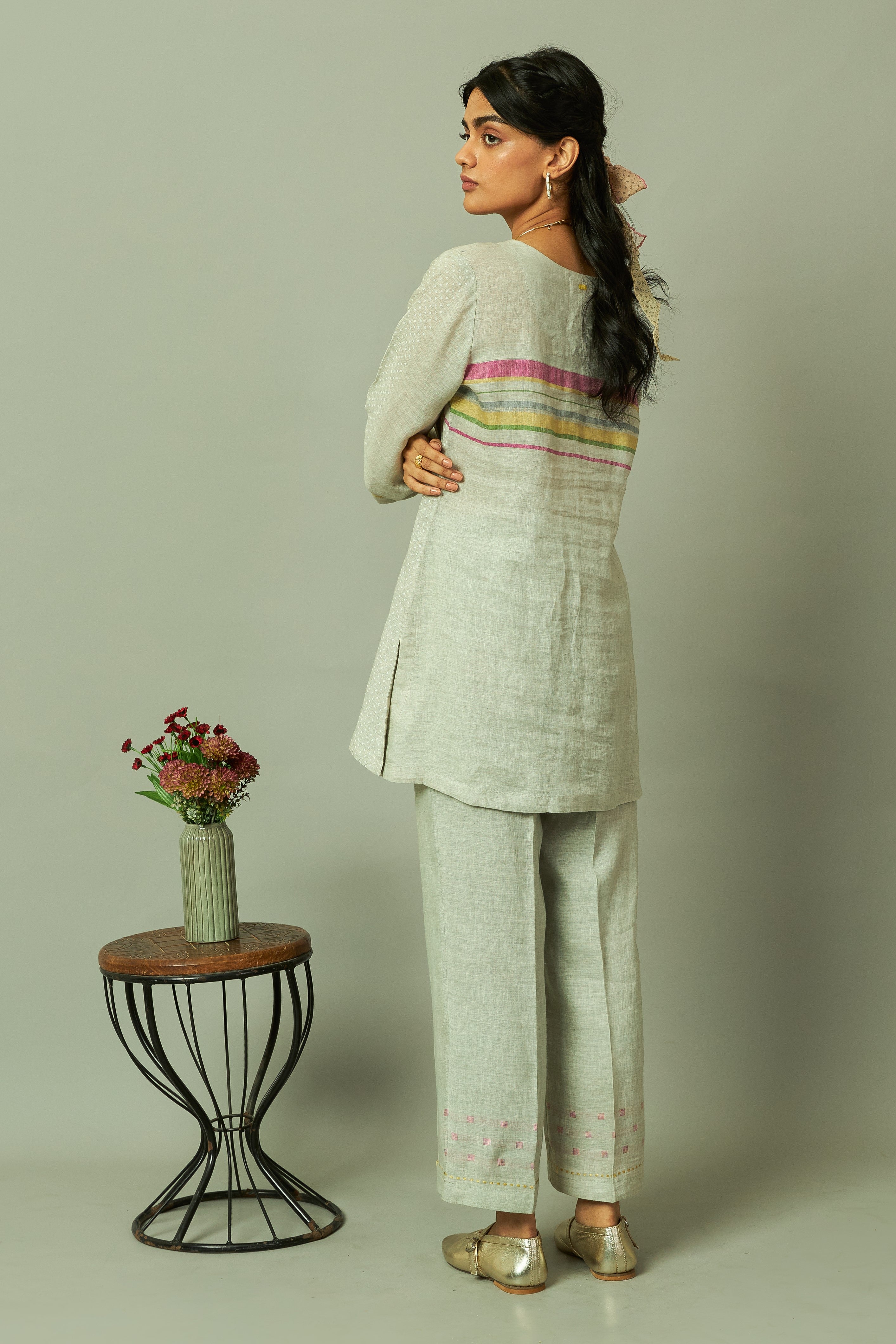 Block Print 100% Linen Coord Set with Multi-Stripe Panel | Oregano